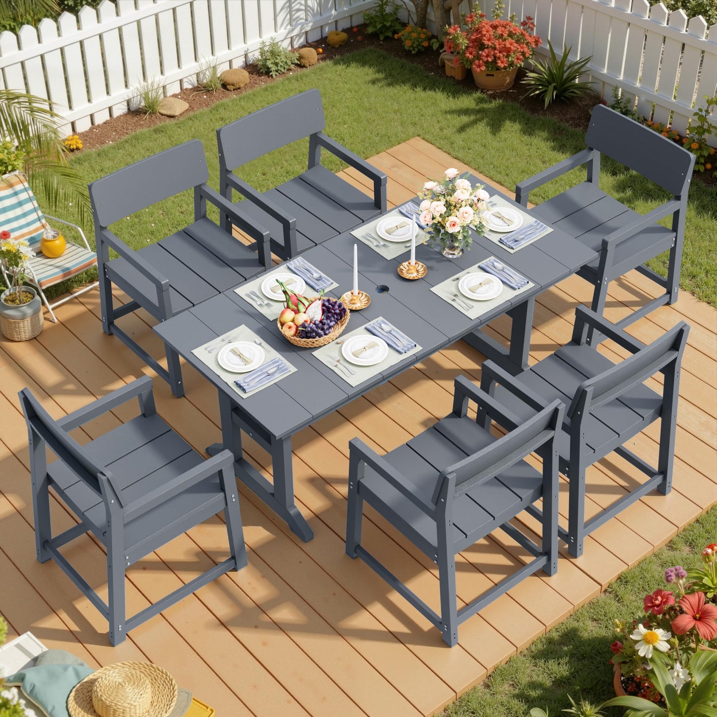 Shintenchi 7 Pieces Outdoor Dining Set,HDPE Outdoor Table and Chairs Set for 6,All Weather Patio Furniture Sets with Umbrella Hole,Modern Wooden Textured Dining Sets for Backyard,Garden,Dark Grey