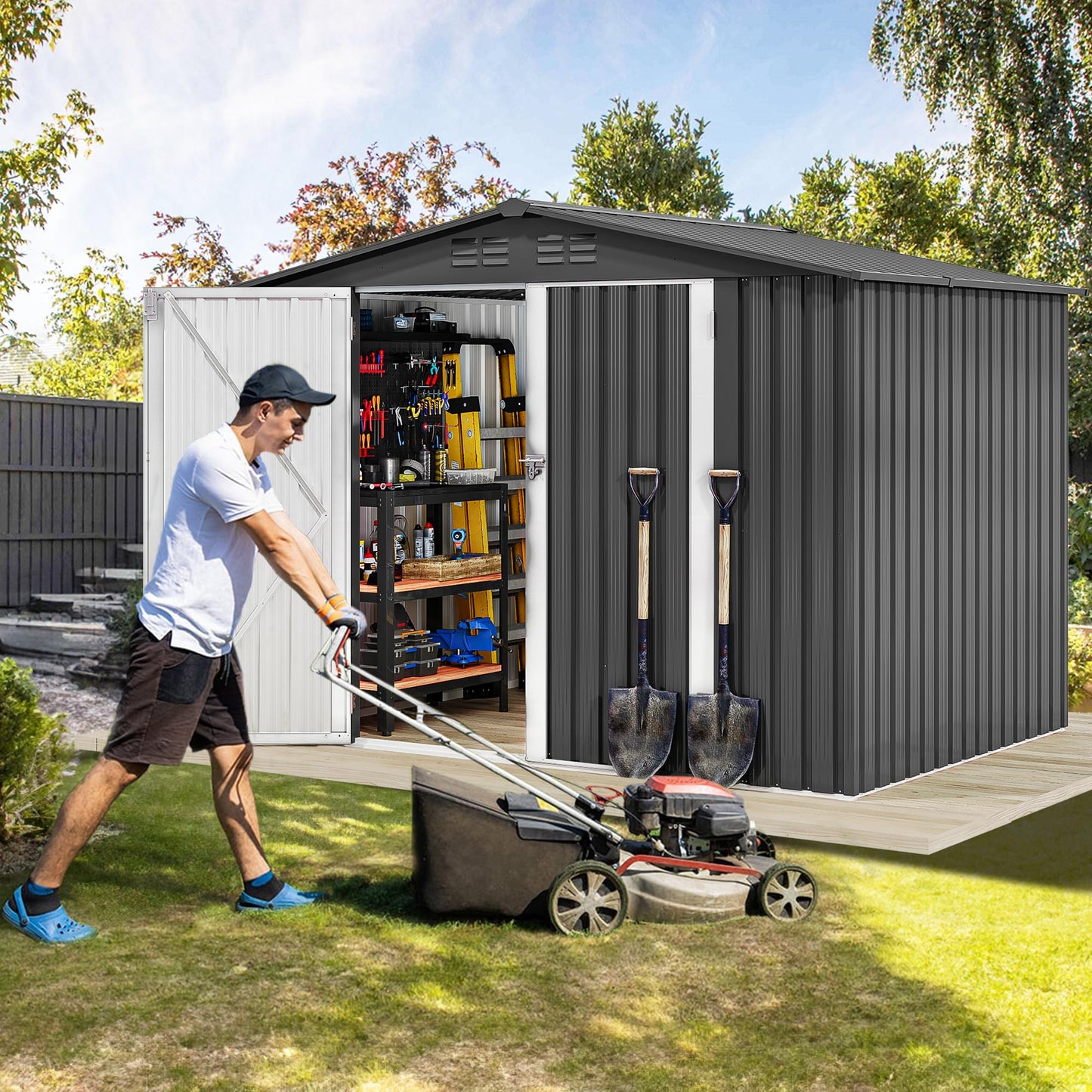 DWVO 7x5ft Metal Outdoor Storage Shed, Waterproof Tool Shed Heavy-Duty Storage Unit with Lockable Door and Vents, Ideal for Bicycles, Tools, Lawnmowers, Backyards, Patios, Lawns - Dark Gray