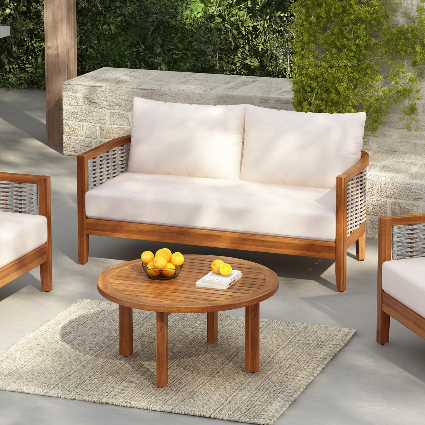 Merax 2 Pieces Acacia Wood Patio Furniture Set, Outdoor Woven Rope Conversation Sets with Deep Seating Soft Cushions Loveseat and Round Coffee Table for Backyard, Porch, Balcony, Garden, Teak & Beige