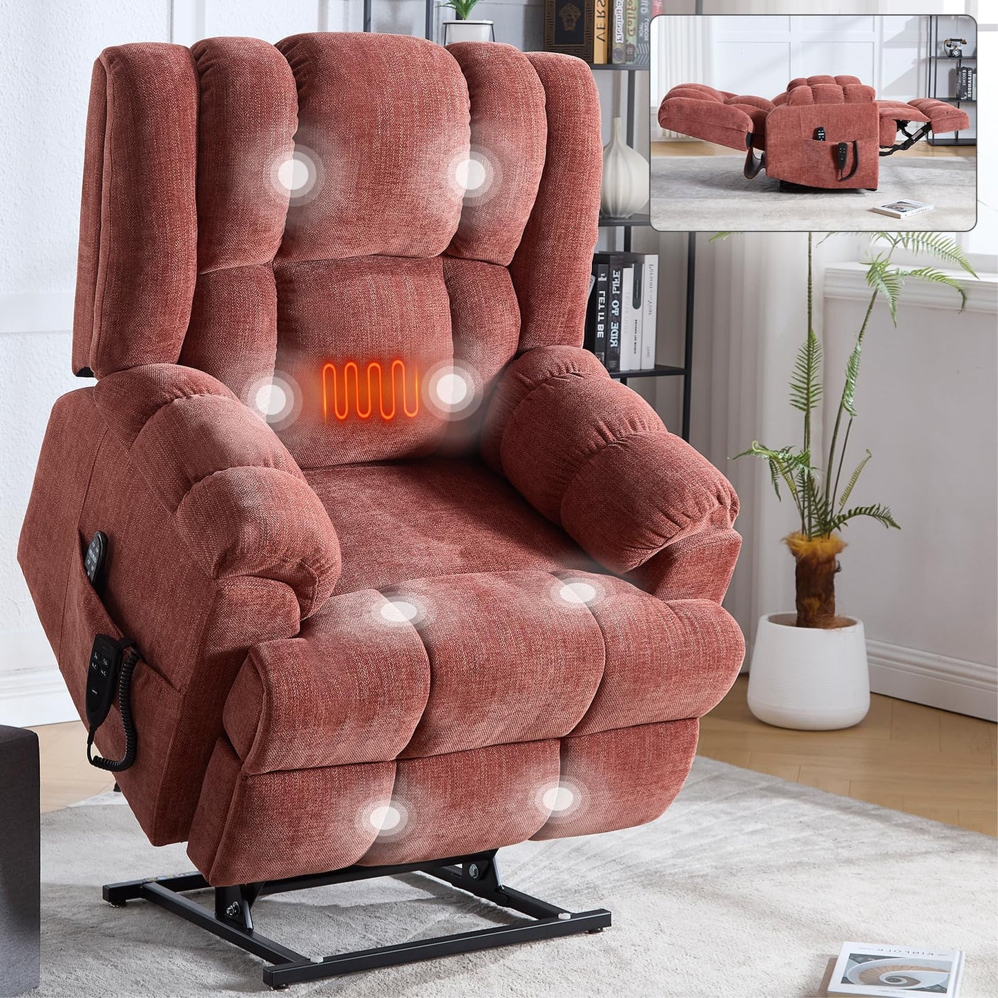 KEIKI Oversized Dual Motor Power Lift Recliner Chair for Elderly, Chenille Upholstery Breathable Rocking Chair with Back Massager and Heated, Home Theater Relaxation and Movie Nights, Red