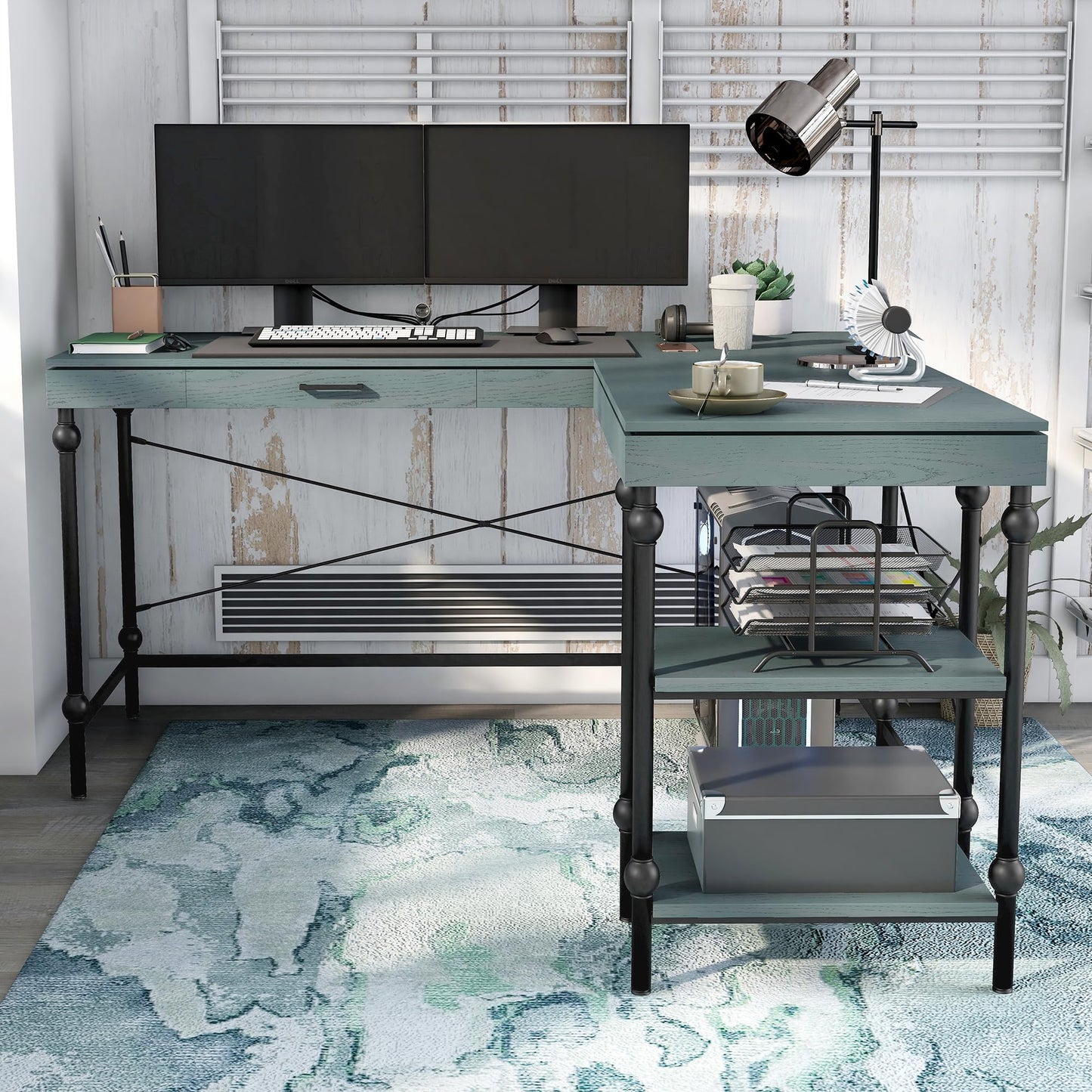 24/7 Shop at Home Monier Farmhouse Metal 2 Shelves Corner Computer Desk with USB Port, Power Outlet, 1 Drawer for Workstation, Home Office, Study Room, Antique Blue