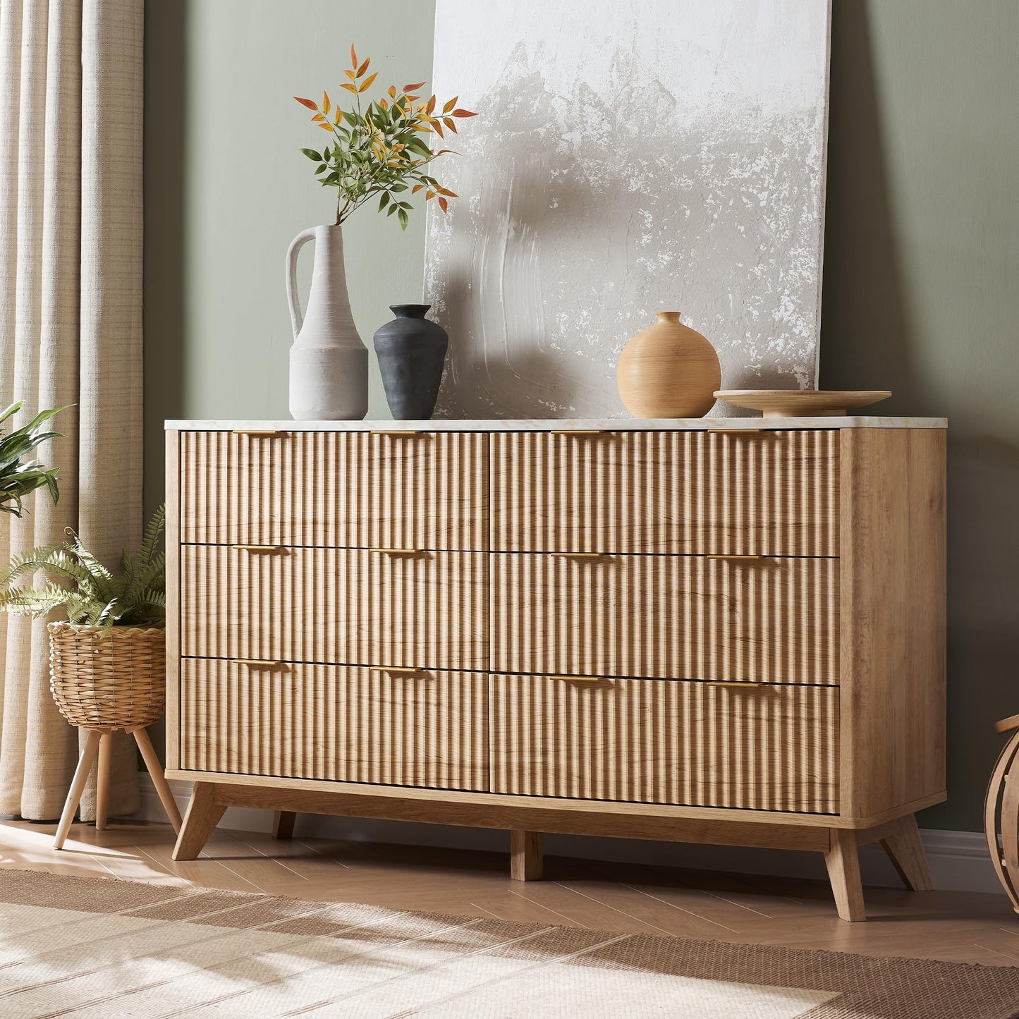 T4TREAM Fluted 6 Drawers Dresser, 54" Wide Modern Chest of Drawers with Faux Marble Top, Curved Profile Design, Dresser TV Stand, Wood Drawer Organizer for Bedroom, Living Room, Hallway, Natural Oak