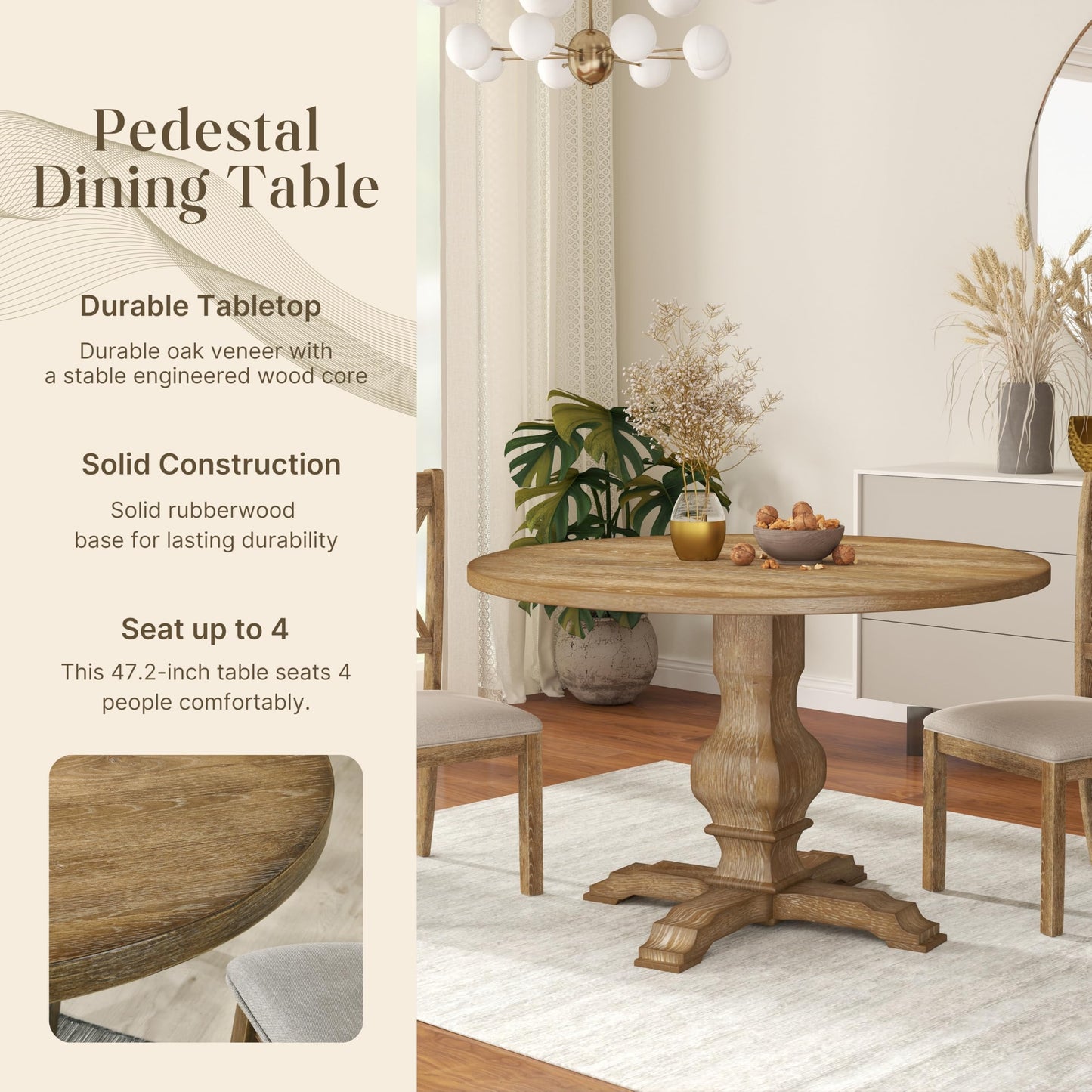Roundhill Furniture Havre Pedestal Base Round Dining Table, Oak
