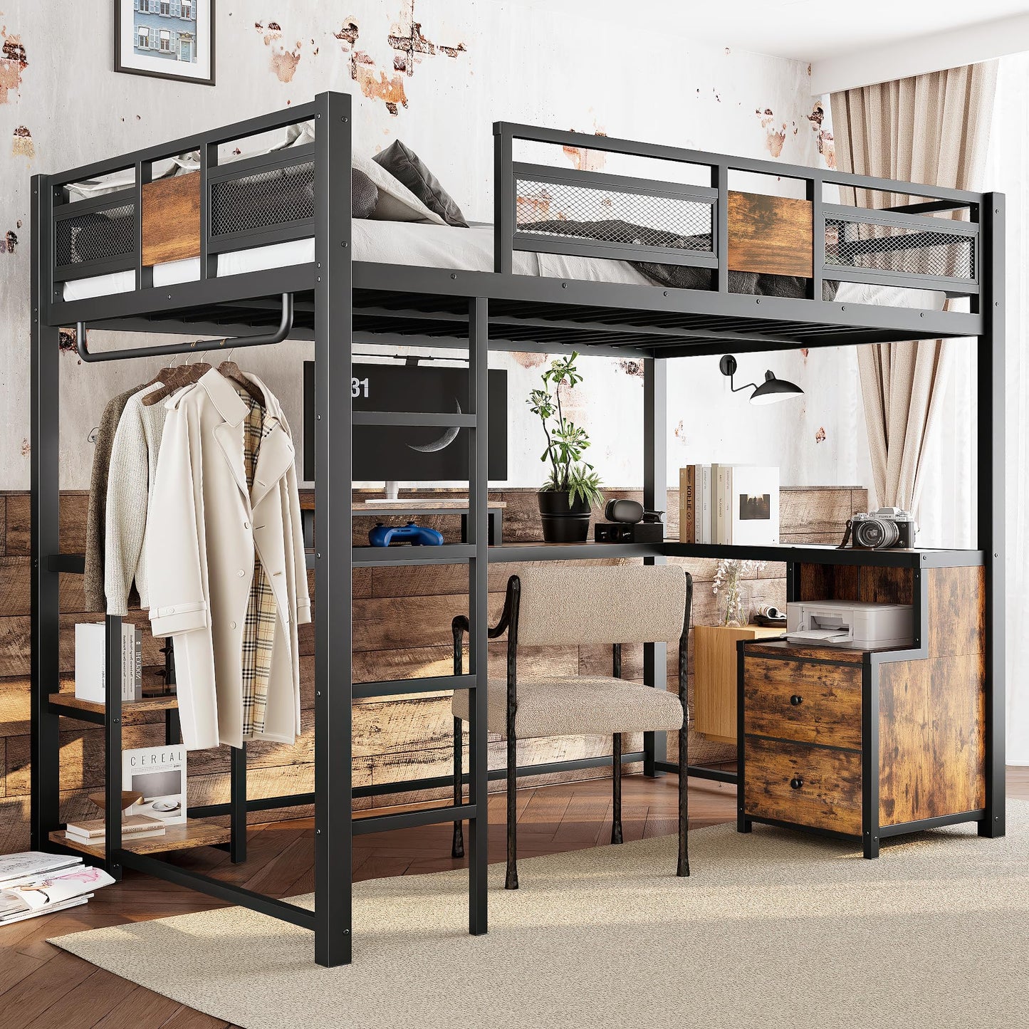 Bellemave Full Loft Bed with L-Shaped Desk and Storage Drawers, Full Size Loft Bed Frame with Computer Monitor Stand, Corner Shelf and Hanger Rod, Adults Loft Beds Nosie-Free, Black