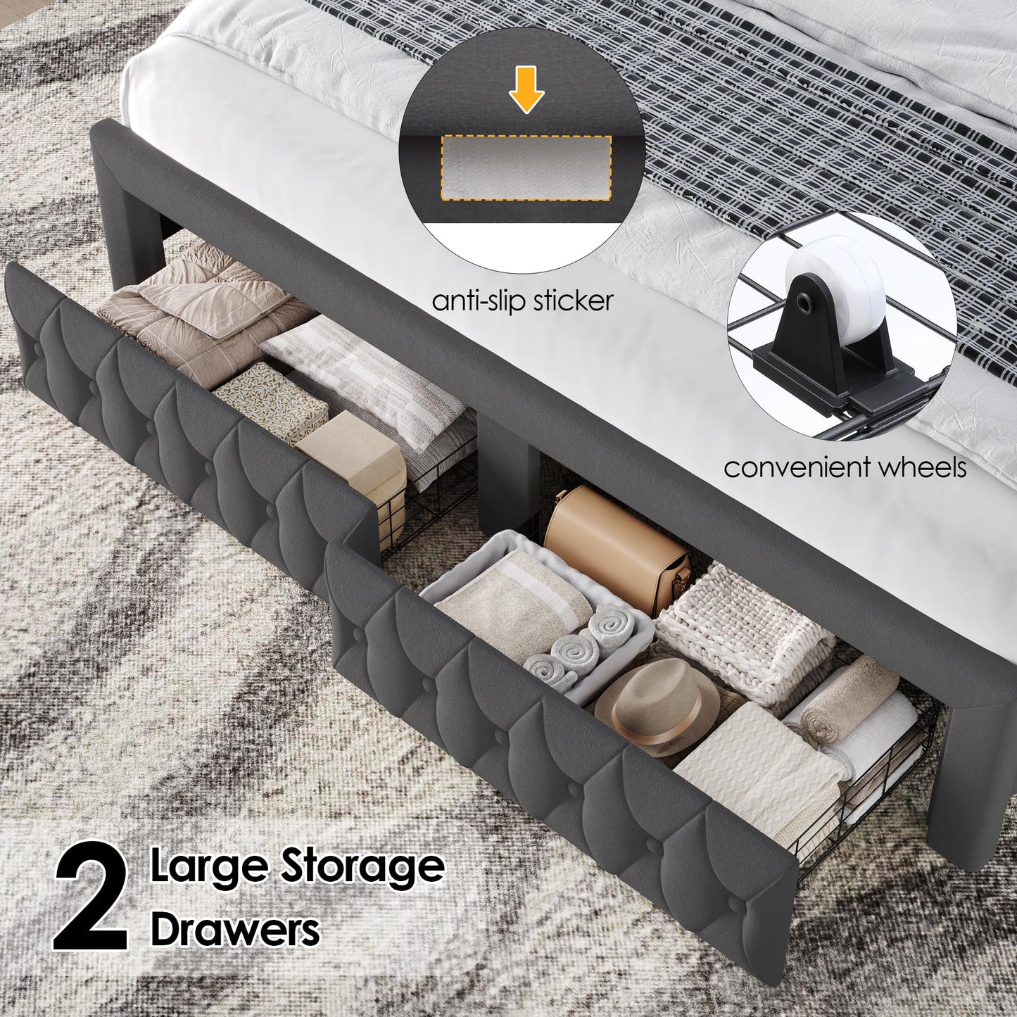Keyluv Queen Bed Frame with LED Lights and 2 Storage Drawers, Velvet Upholstered Platform with 47" Tall Arc-Shaped Wingback Headboard and Button Tufted Design, No Box Spring Needed, Noise-Free, Gray