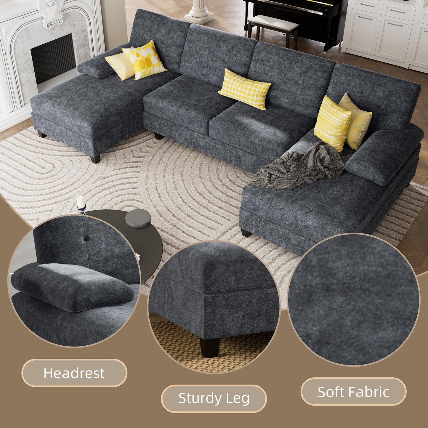 U-Shaped Sectional Sofa with Double Chaise,Linen Fabric 4-Seat Modern Couch, Removable Pillows for Apartment Living Room, Black