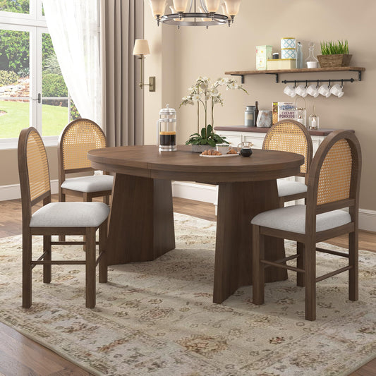 Merax Extendable Round Dining Table Set for 4, Wooden Construction with Upholstered Chairs with Rattan Backrests, Retro Style for Kitchen, Indoor Use, Walnut