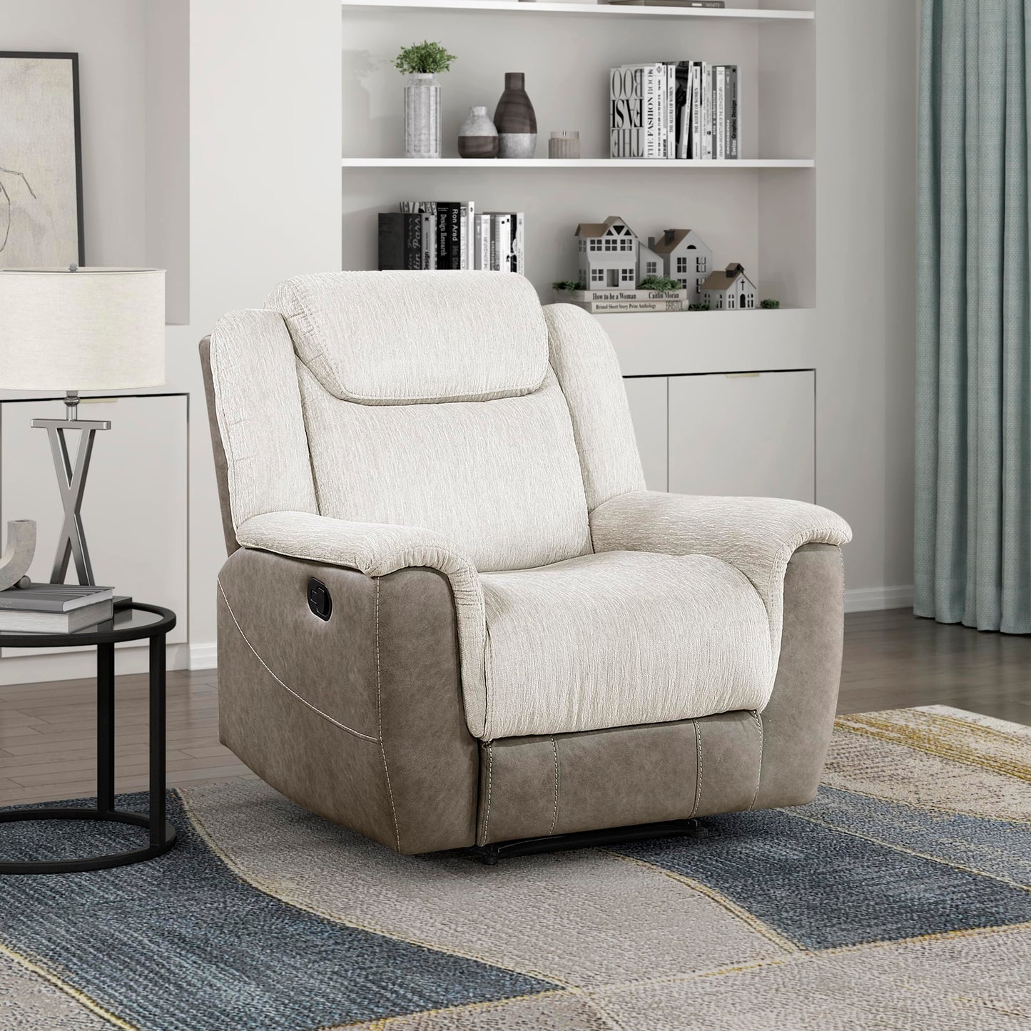 Lexicon Manual Recliner Chair for Living Room, Chenille Upholstery Reclining Chair, Home Theater Seating, Wall Hugger, Padded Headrest, Required Assembly, Two-Tone Beige