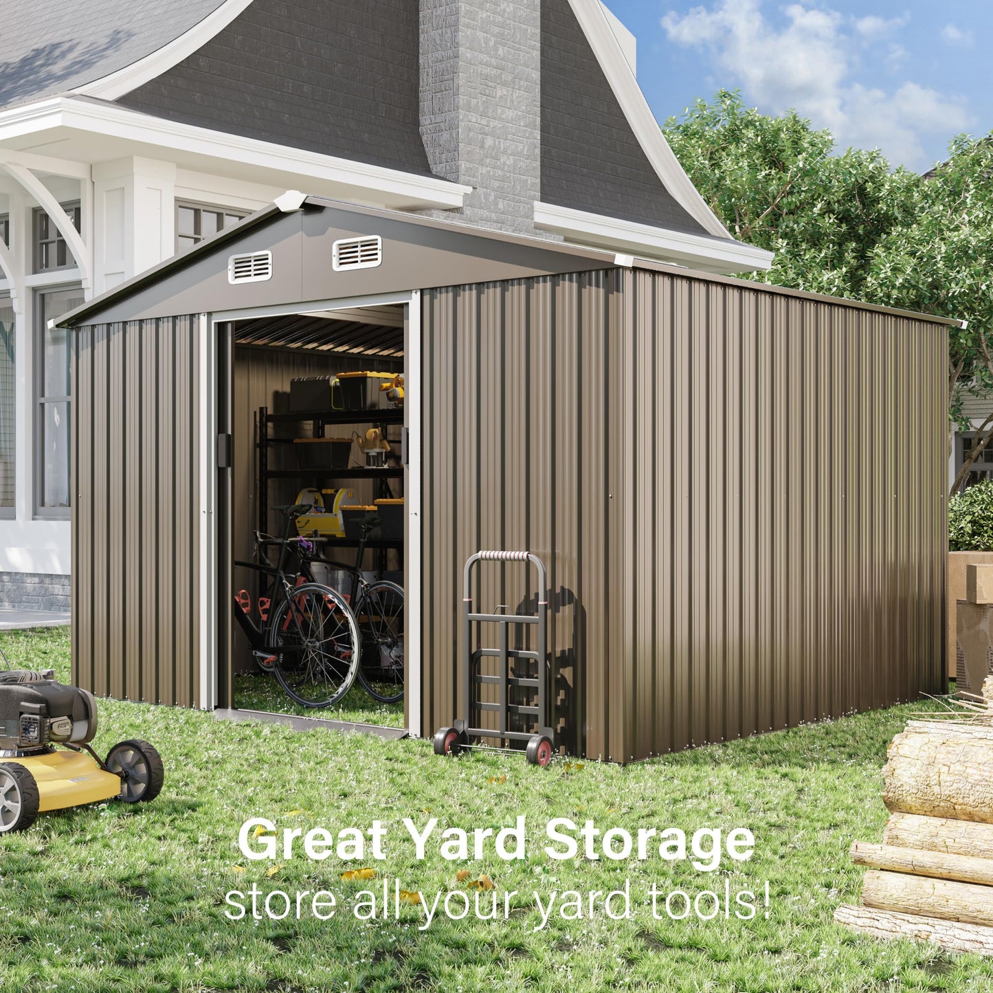RTDTD 10FT x 8FT Outdoor Storage Shed,Waterproof Lockable Door Metal Tool Shed with Sliding Door and Air Vents,Storage House for Gardening Tools,Metal Storage Shed for Garden,Backyard,Lawn