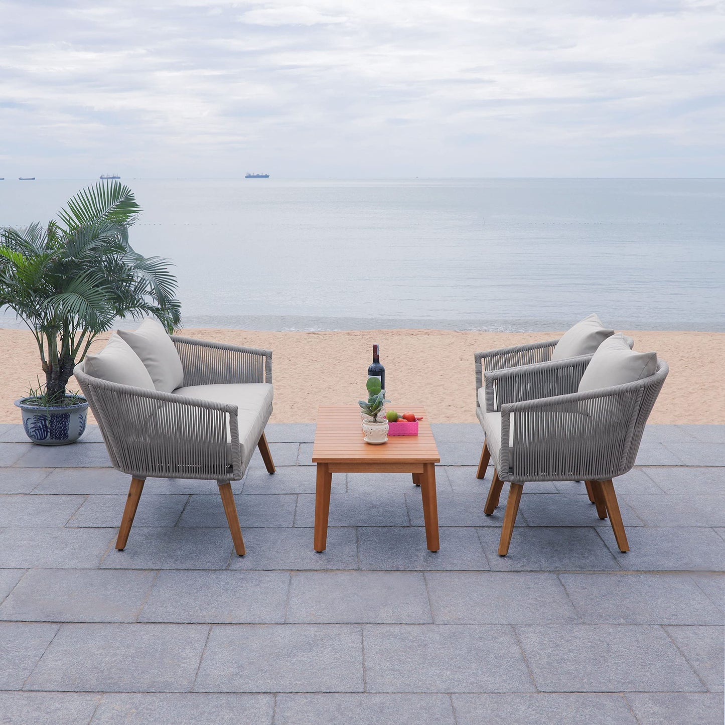 SAFAVIEH PAT7072A Outdoor Velso Rope 4-Piece Seat Cushions and Pillows Included Patio Set