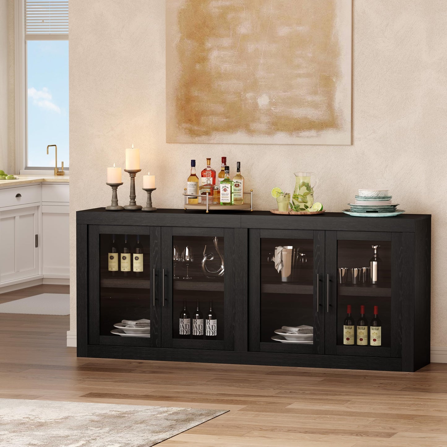 70.8" Sideboard Buffet Cabinet with 4 Glass Doors, Farmhouse Modern Accent Cabinet with Storage, Wood Coffee Bar Media Console Credenza for Living Room, Kitchen, Hallway, Black