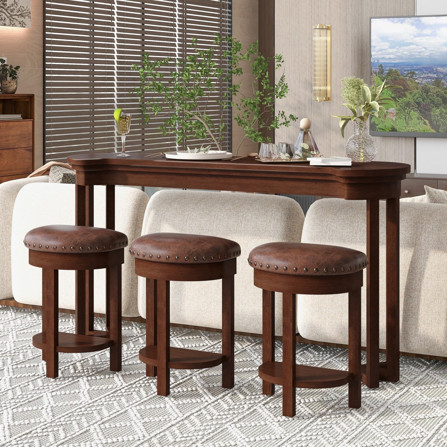 KEIKI 60" Solid Pine Wood Bar Table Set with 3 PU Stools Chairs, Long Bar High Top Dining Table & Upholstered Stools, Behind Couch Sofa Counter Height Pub Table for Breakfast, Kitchen Living Room