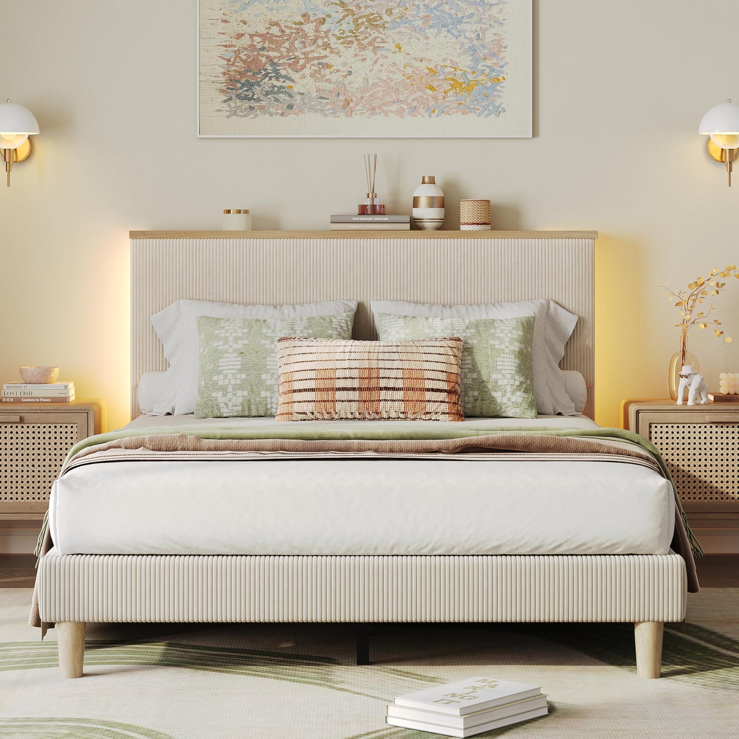 Bestier Queen Bed Frame with Adjustable Headboard & LED Lighting, Corduroy Upholstered Platform Bed Frame with Storage Shelf, Solid Wood Slats, No Box Spring Needed,Never Squeak, Easy Assembly, Beige