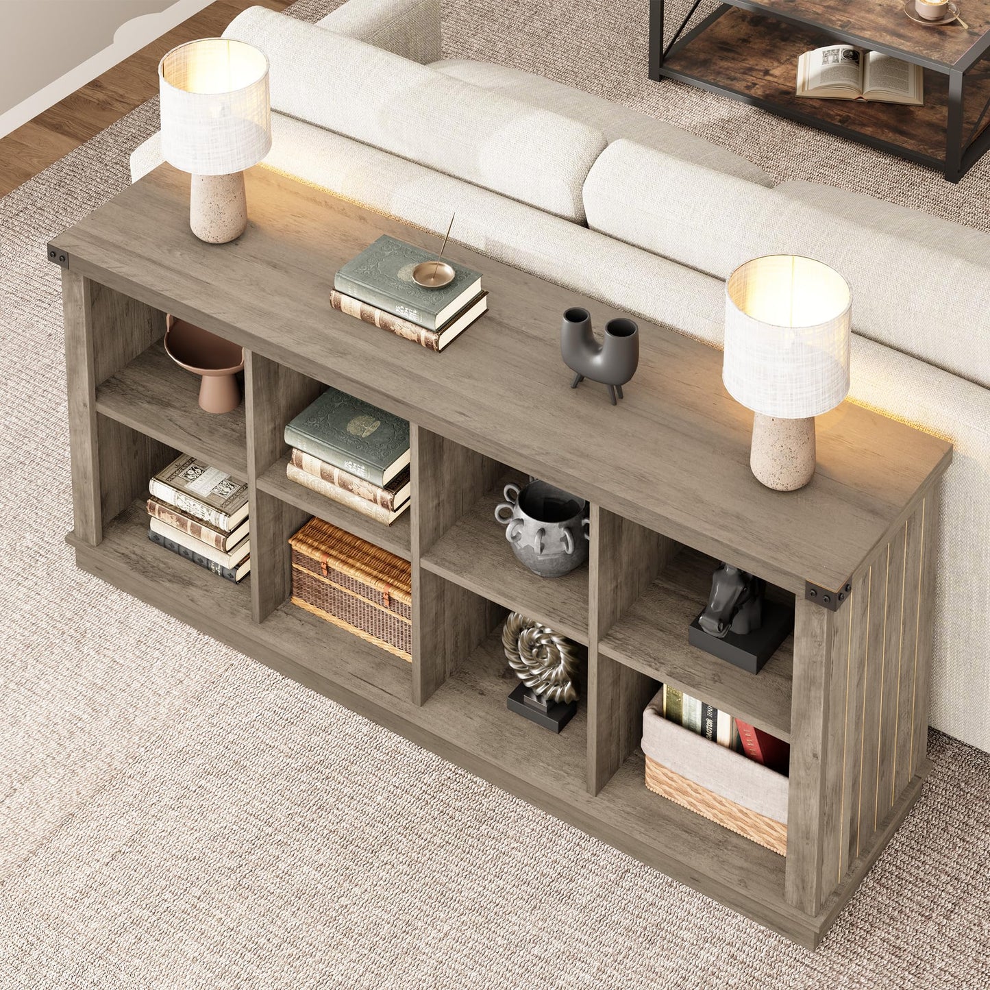 Garvee 8 Cube Storage Organizer Bookshelf, Farmhouse Horizontal Bookcase, 62 in Long Low Bookshelf, Wood Storage Bookcase for Living Room, Entryway, Home Office, Grey