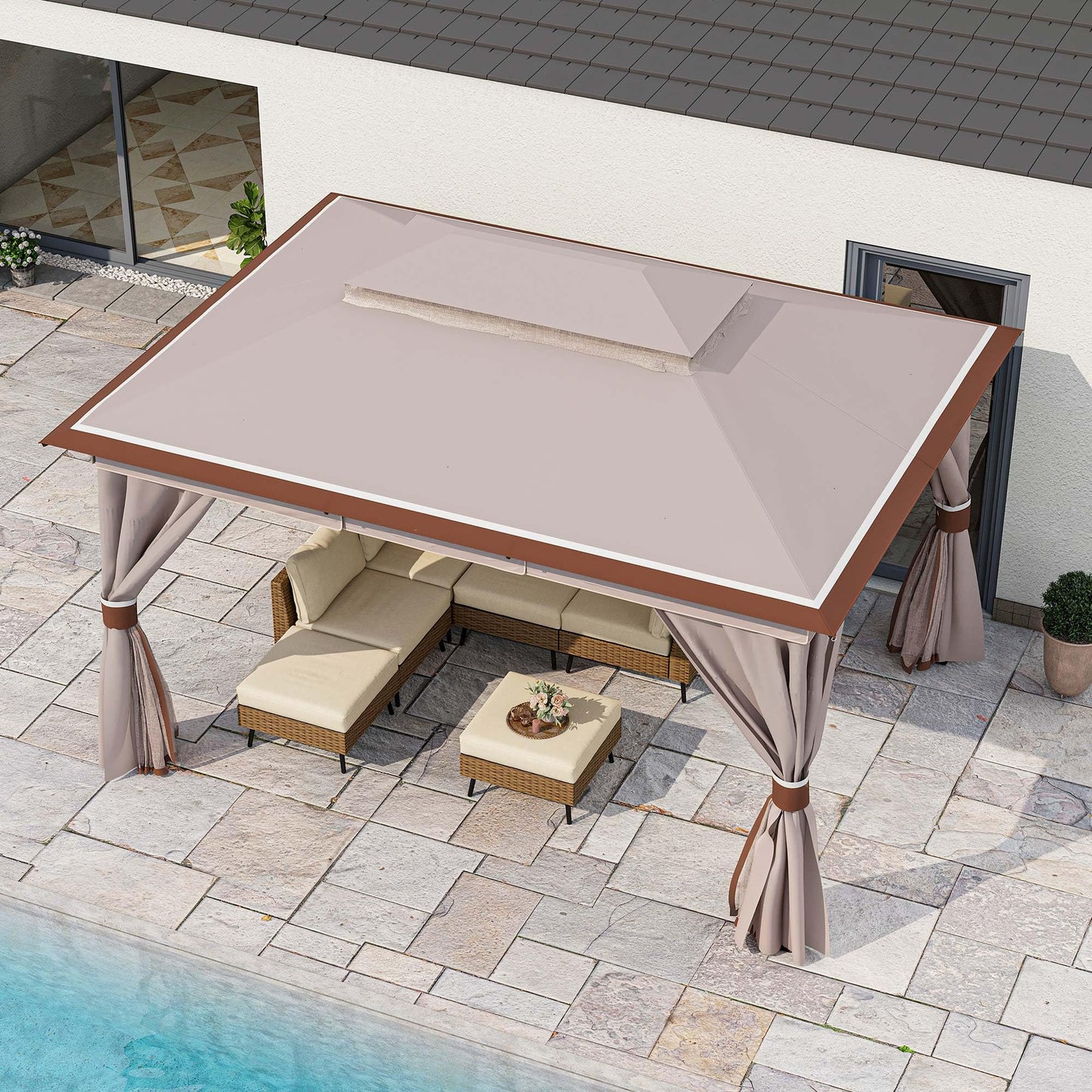 LAUSAINT HOME 10'x13' Outdoor Gazebo, Metal Frame Heavy Duty Patio Canopy Tent Shelter with Double Roofs, Mosquito Nettings and Privacy Screens for Backyard, Garden, Lawn, Classic Khaki