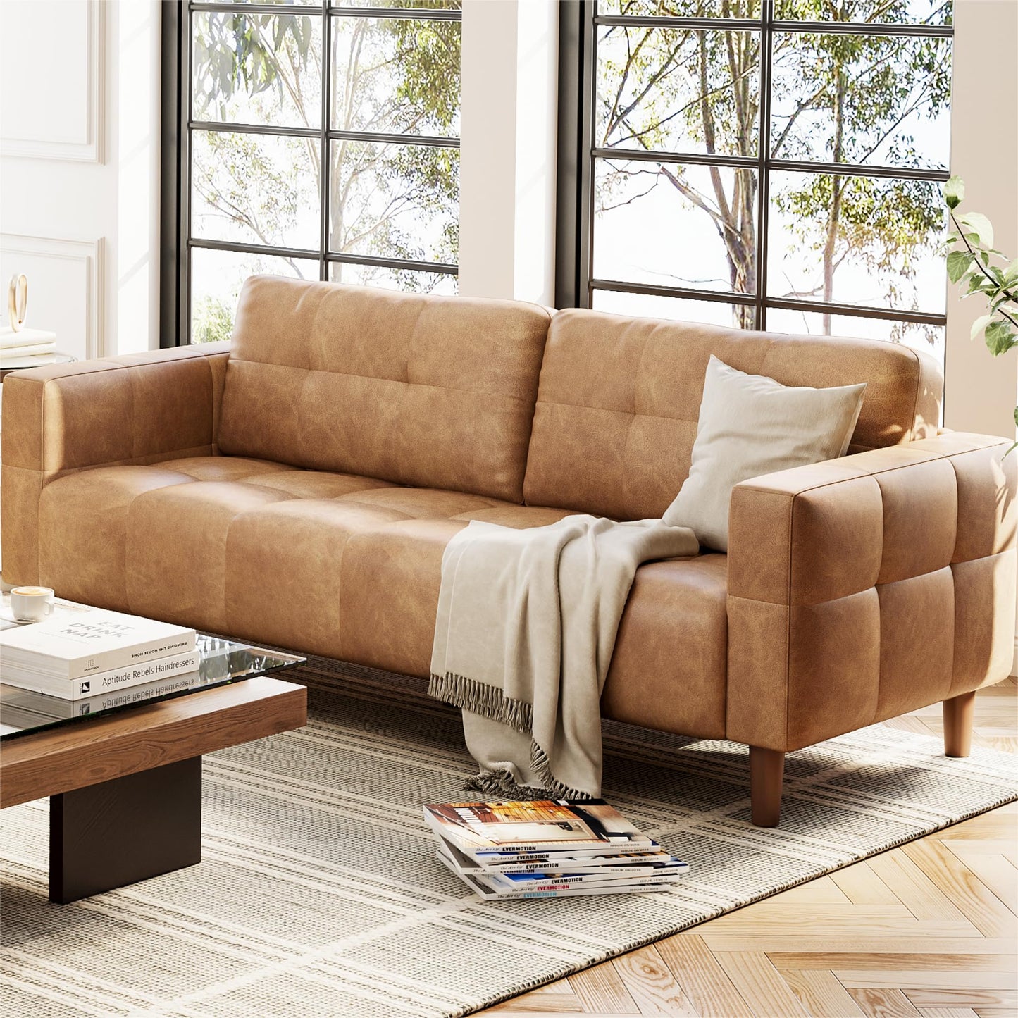 IDEALHOUSE 83” Brown Faux Leather Couch, 3 Seater Sofa Couches with 2 Removable Back Cushions for Living Room, Large Mid Century Modern Office Apartment Couch (Brown)