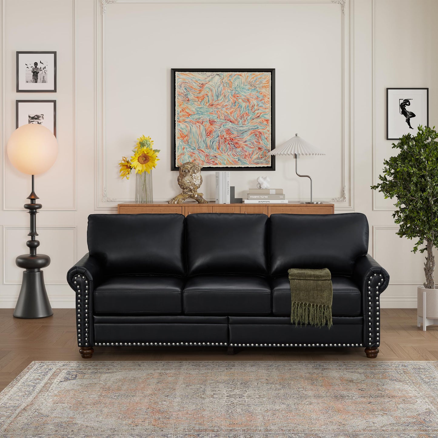 GDFStudio 83" Mid-Century Modern Sofa Couch with Storage, 3 Seater Deep Seat Upholstered Faux Leather Sofa with Nailhead Trim, Rolled Arms & Solid Legs, Comfy Accent Sofa for Living Room, Black