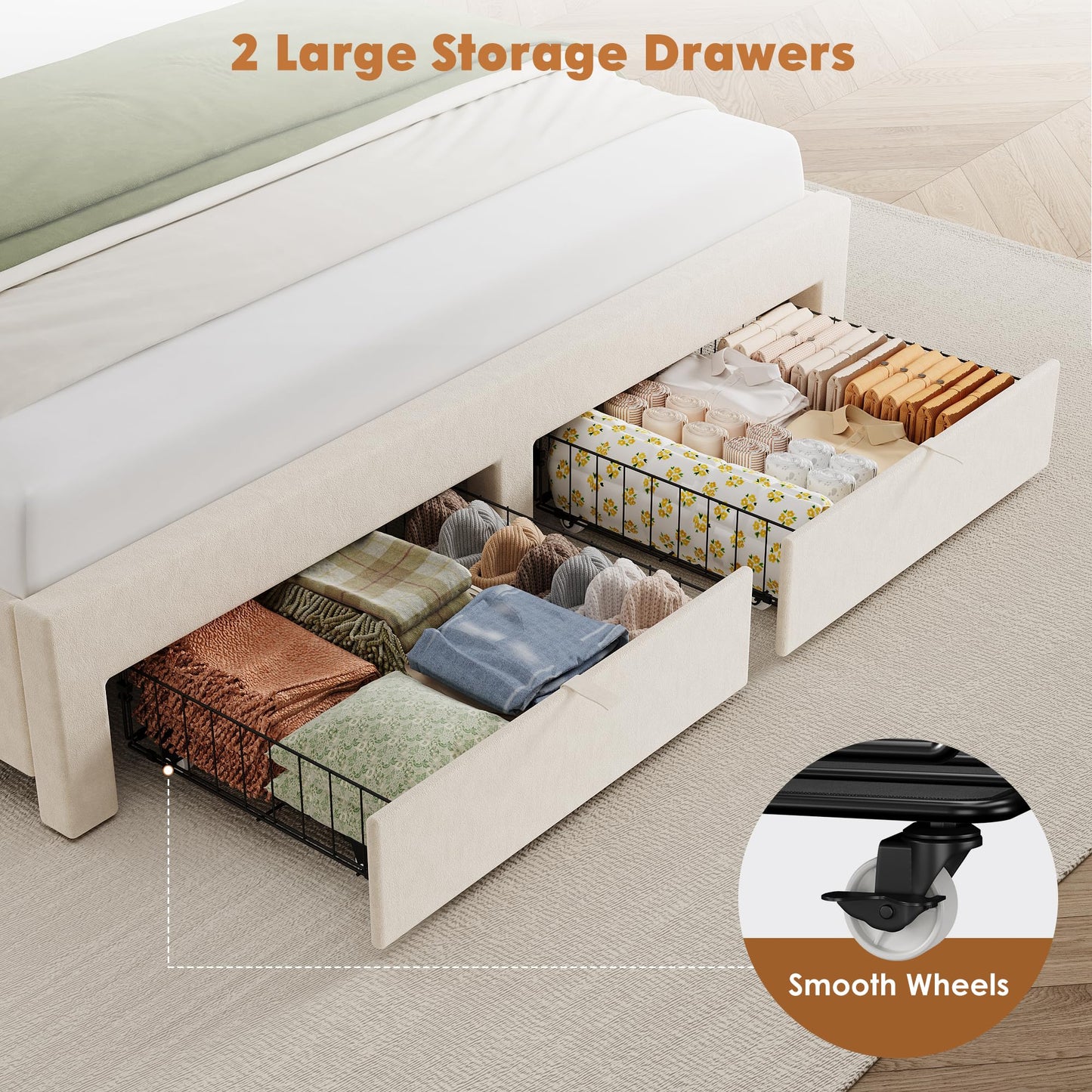 Garvee Full Bed Frame with 2 Storage Drawers, Velvet Upholstered Platform Full Size Bed Frame with Headboard, Wooden Slats Support, No Box Spring Needed, Easy Assembly, Beige