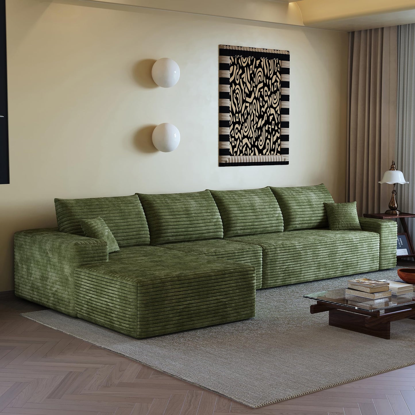 135" Oversized Compressed Sectional Sofa - 33D High-Density Foam Cloud Couch with Deep Seat - Minimalist 3-Piece Corduroy Upholstered Boneless Modular Lounge Couch