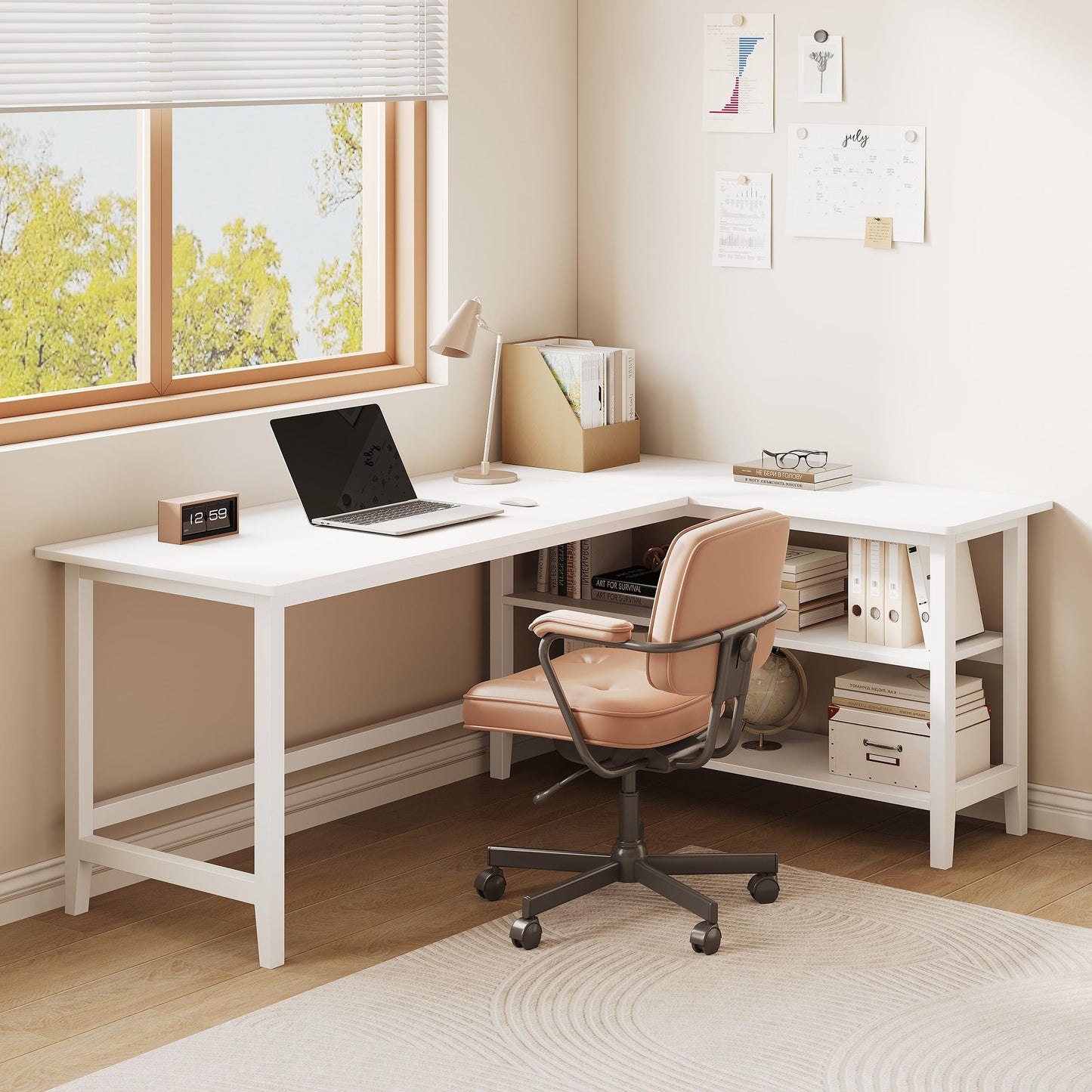 IOTXY Reversible L-Shaped Office Desk - 63" Extra Large Corner Computer Table with Storage Shelves, Solid Wood Legs, Home Writing & Study Workstation, White