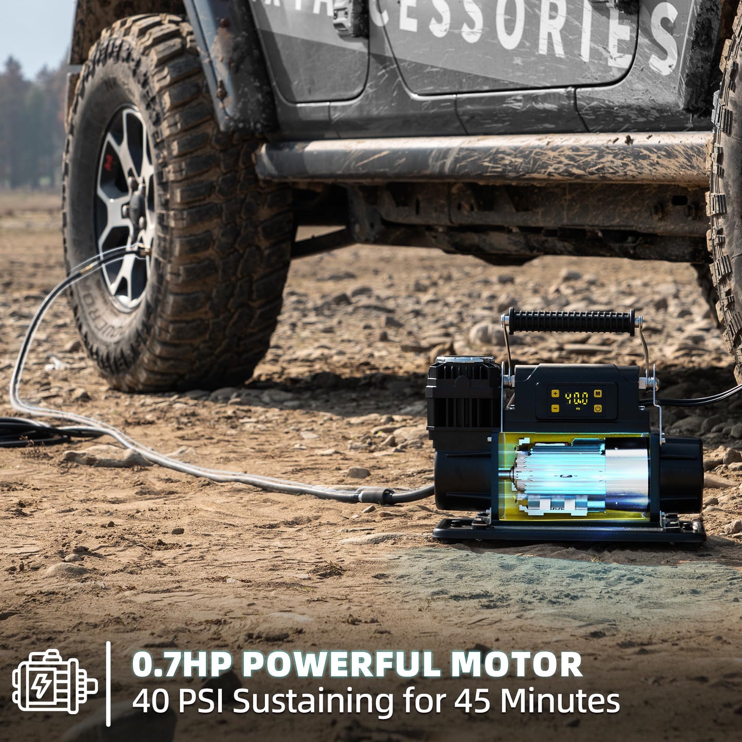 SAMOUT 12V Digital Air Compressor, Offroad Portable Inflator 7.06 CFM, Air Pump Max 150PSI for Heavy-Duty Tires, with LCD Control Panel to Preset Target Pressure, 4x4 Vehicle, SUV, RV