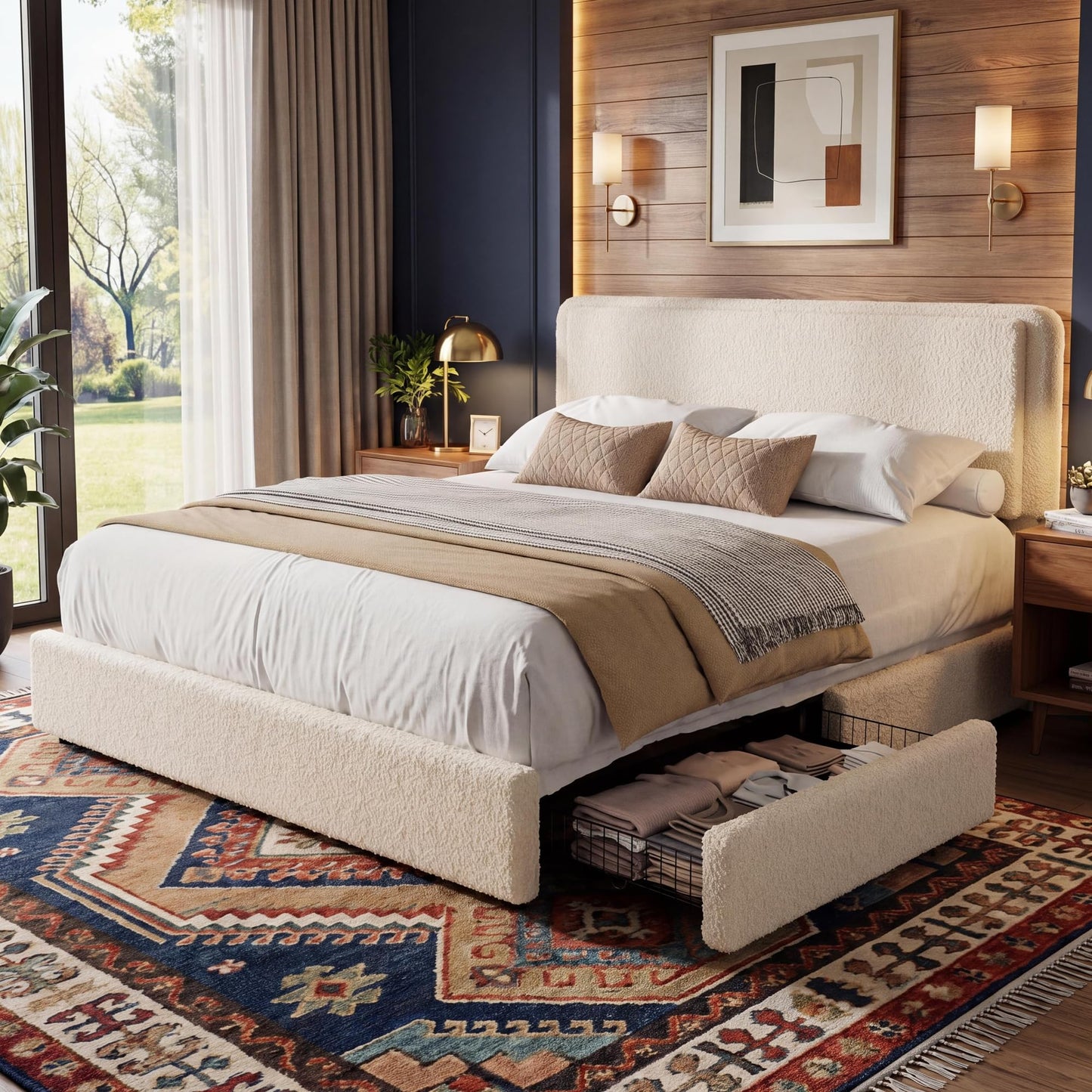 Garvee King Size Teddy Fleece Bed Frame, Upholstered Platform Bed with 2 Storage Drawers, Height Adjustable Cloud Headboard, Thick Soft Teddy Fabric Bed, Modern Style, No Box Spring Required, Cream