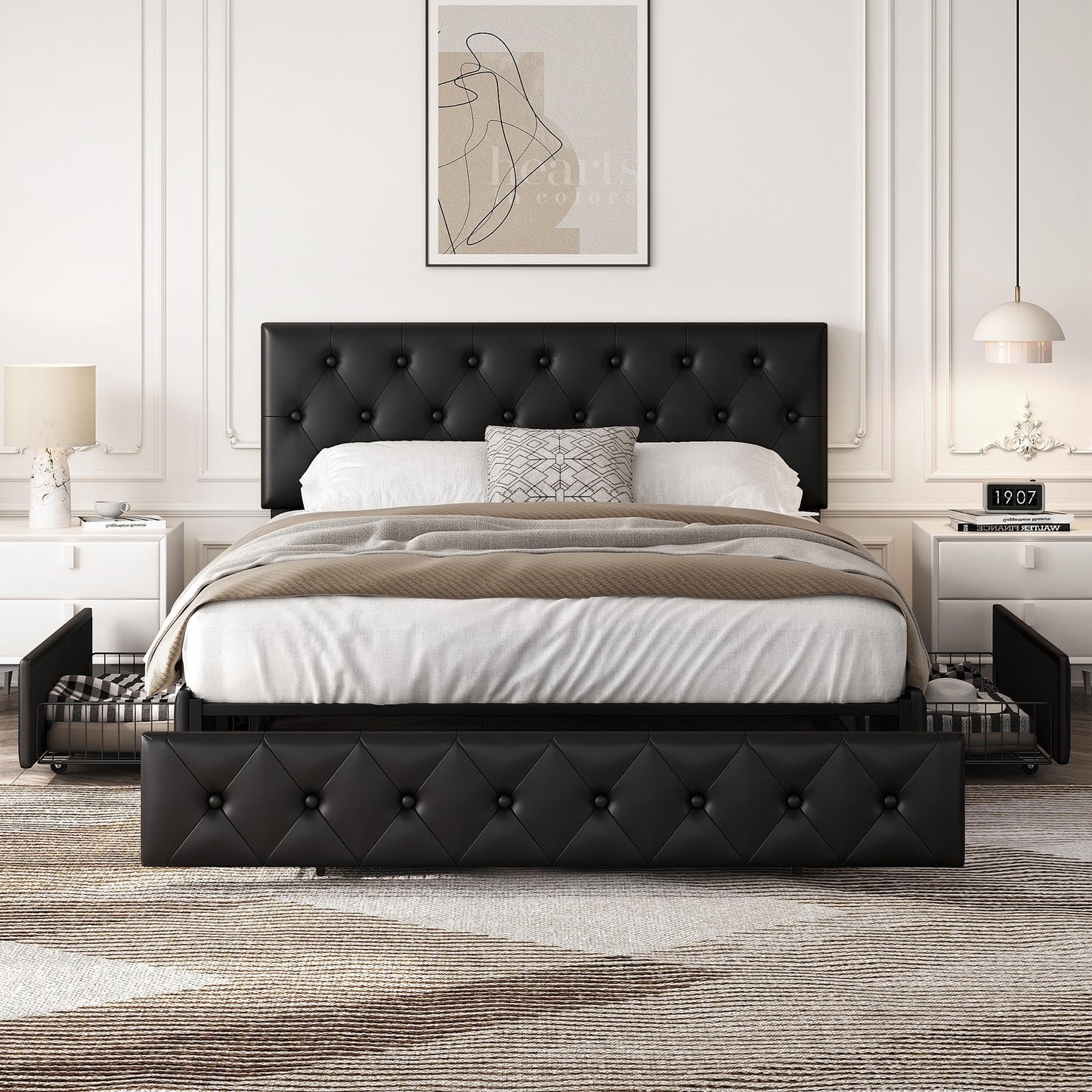 Yaheetech Queen Bed Frame Upholstered Bed Frame with Adjustable Diamond Button-Tufted Headboard/3 Drawers Storage, Queen Platform Bed/Strong Wooden Slats, Black Queen Bed