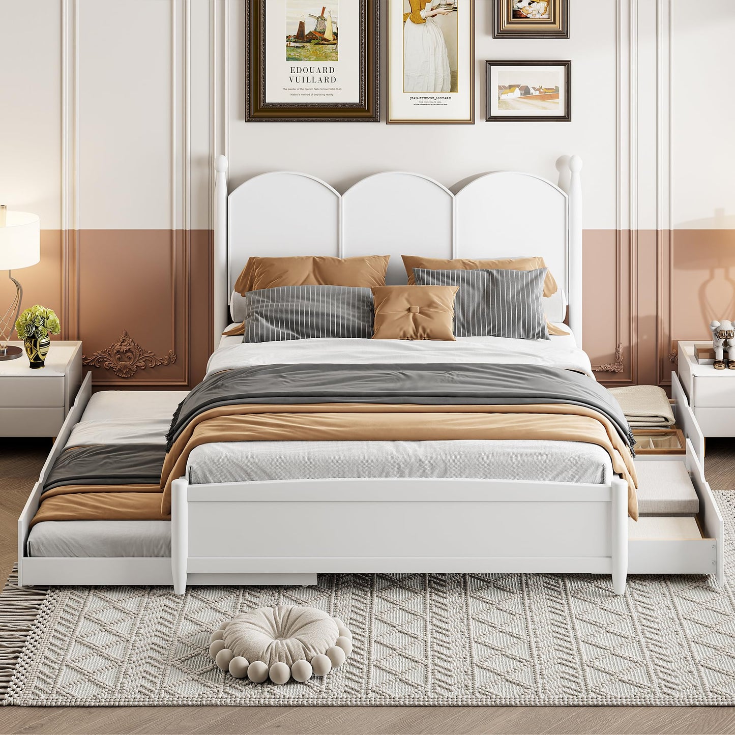 Merax Queen Size Platform Bed with 2 Storage Drawers and Twin XL Size Trundle, Rustic Design Wooden Bed Frame, White