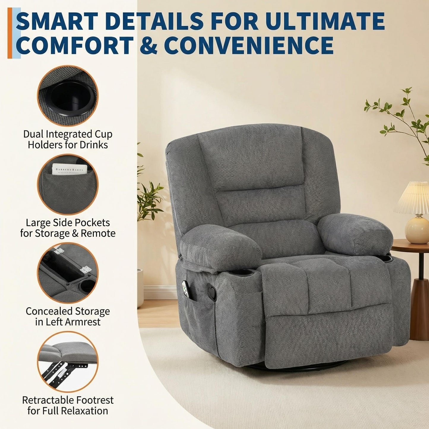 Oversized Wide Recliner Chair with Vibration Massage and Heat, 360° Swivel Recliner Glider for Adults,Chenille Fabric Manual Reclining Single Sofa with Cup Holders & Side Pockets for Living Room,Grey
