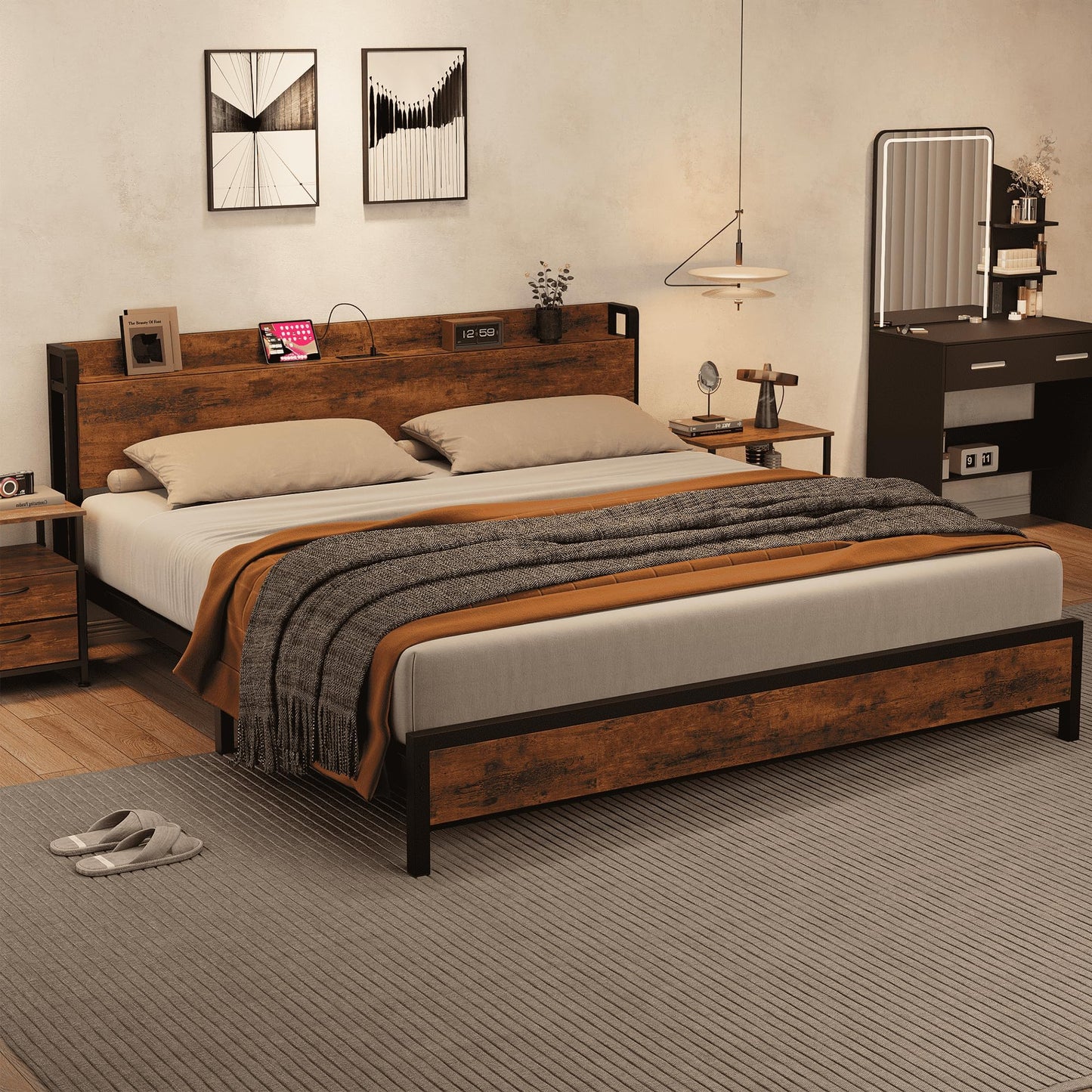 IDEALHOUSE King Size Bed Frame with Storage Headboard, Industrial King Bed Platform with Charging Station and USB Ports, No Box Spring Needed Easy Assemble Mattress Foundation - Rustic Brown