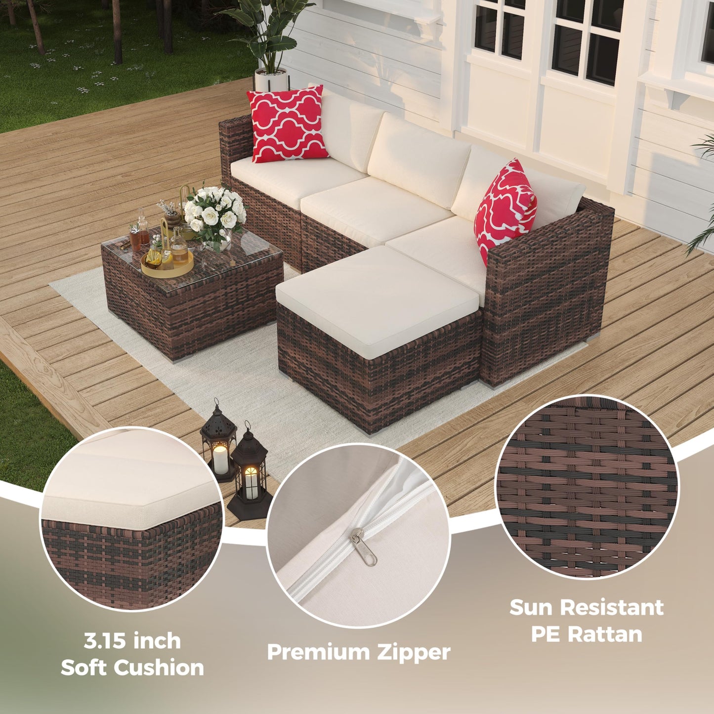 5 Piece Outdoor Patio Furniture Set, PE Rattan Patio Conversation Sets, All-Weather Wicker Outside Sofa Set with Thick Cushions, Bistro Sets w/ Coffee Table for Pool, Backyard, Lawn(Brown+Beige)