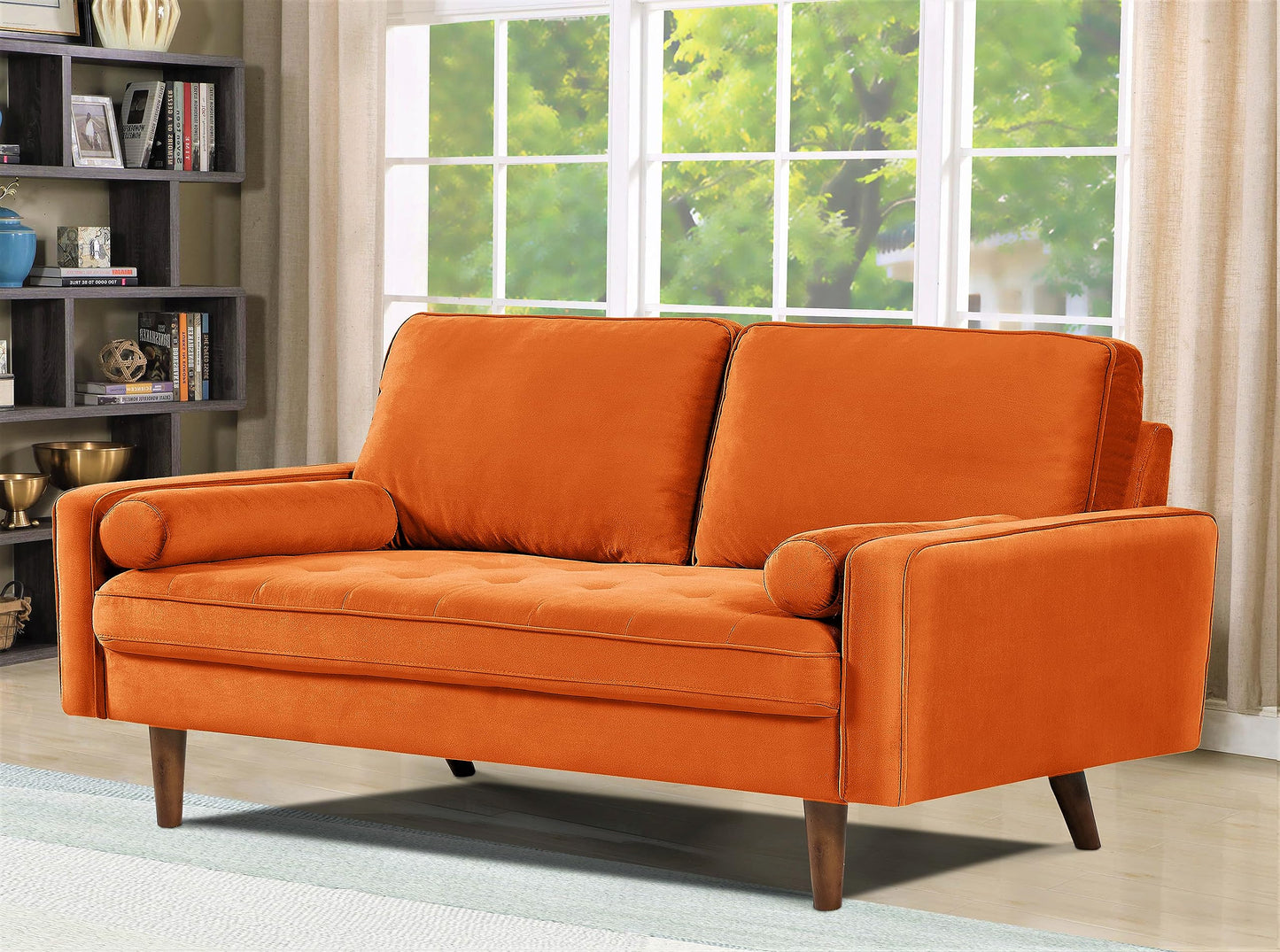 Container Furniture Direct Velvet Tufted Sofas for Living Room, Classic Mid-Century Style with Modern Silhouette, Button Tufting and Wood Legs, Includes 2 Bolster Pillows, Loveseat, Orange