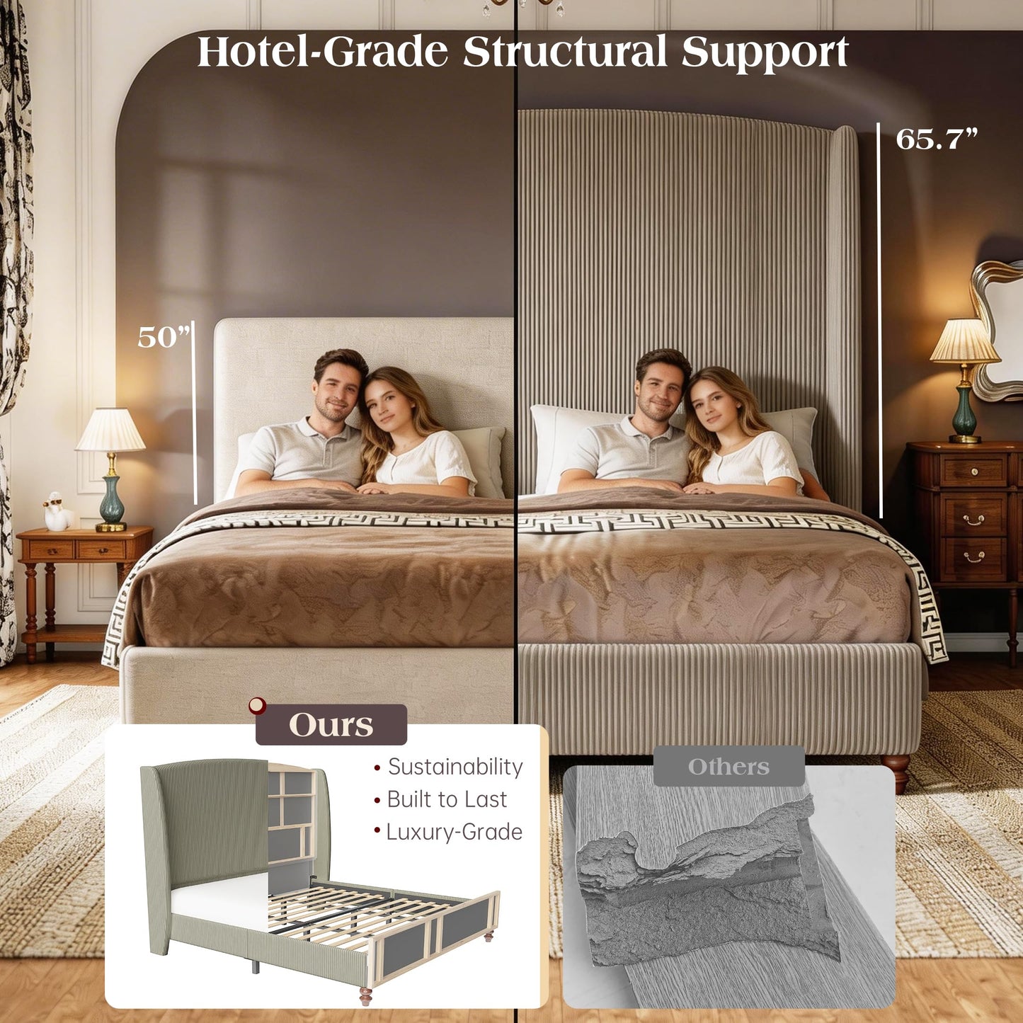 lividido Queen Size Upholstered Bed Frame with 65.7" Tall Headboard Wingback, Soft Washable Corduroy Beds Cover, Solid Wood Legs, Noise-Free, No Box Spring Needed, Light Gray