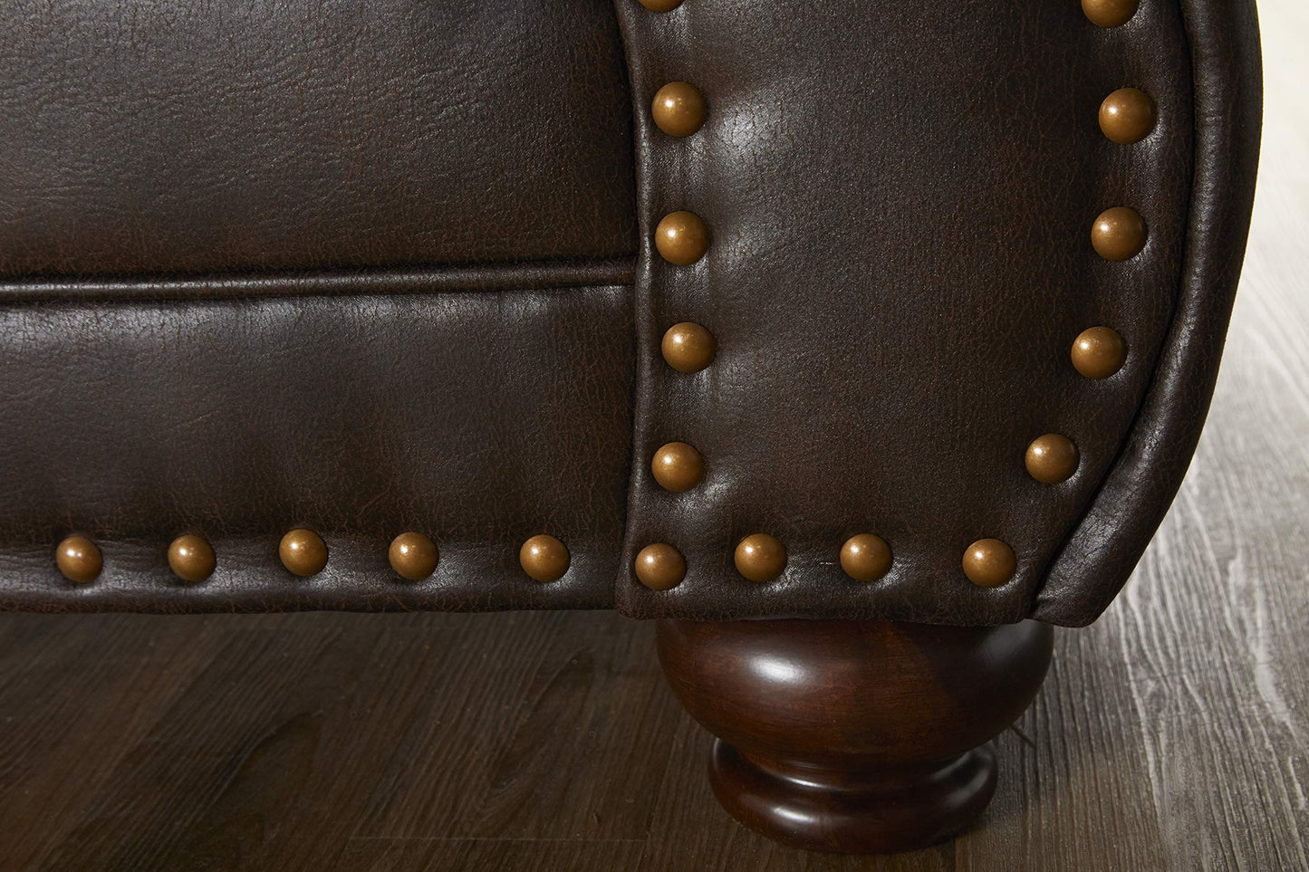 Leinster Faux Leather Sofa with Antique Bronze Nailheads in Espresso