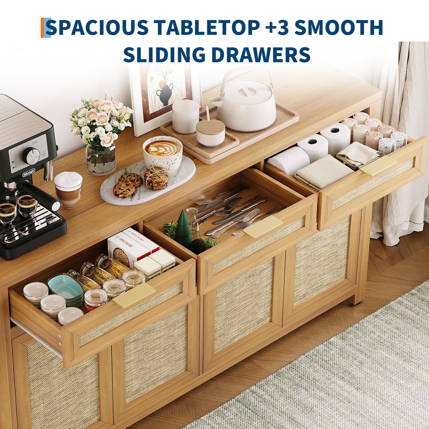 Garvee 63in Sideboard Buffet Cabinet with Storage, Rattan Farmhouse Credenza Coffee Bar Cabinet with 3 Drawers 4 Doors and Adjustable Shelves for Dining Room Kitchen