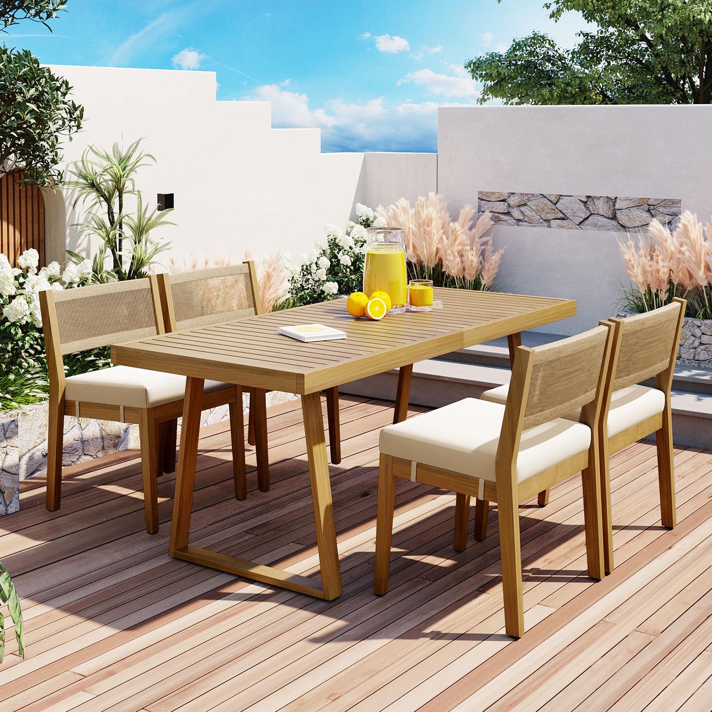 Merax Wood Outdoor Dining Table Set for 4,All Weather Patio Chairs with Soft Cushions and Jute Rope Knitted Back