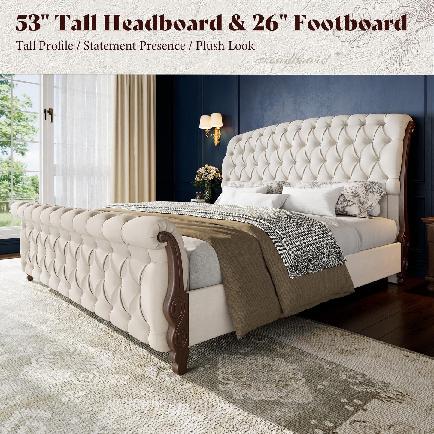 AMERLIFE Upholstered King Bed Frame, 53" Tall Sleigh Bed with Button Tufted Chenille Headboard and Footboard, Platform Bed with Carved Solid Wood Legs, No Box Spring Needed, Cream