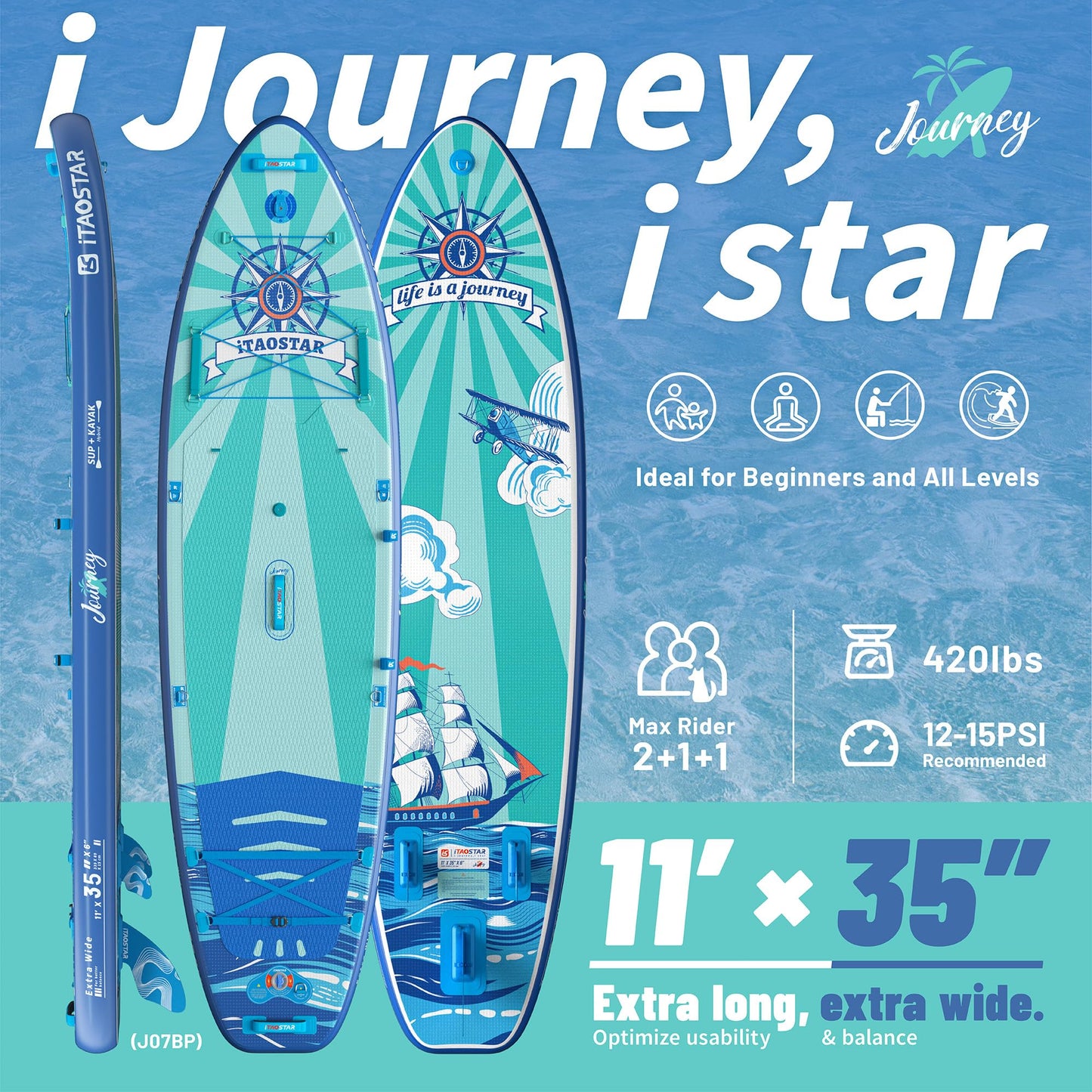 iTAOSTAR J07BP 35" Extra Wide Stand Up Paddle Board, More Balance Inflatable Paddle Board with 5 Fins for Beginner，Sup Boards for Family of All Skill Levels