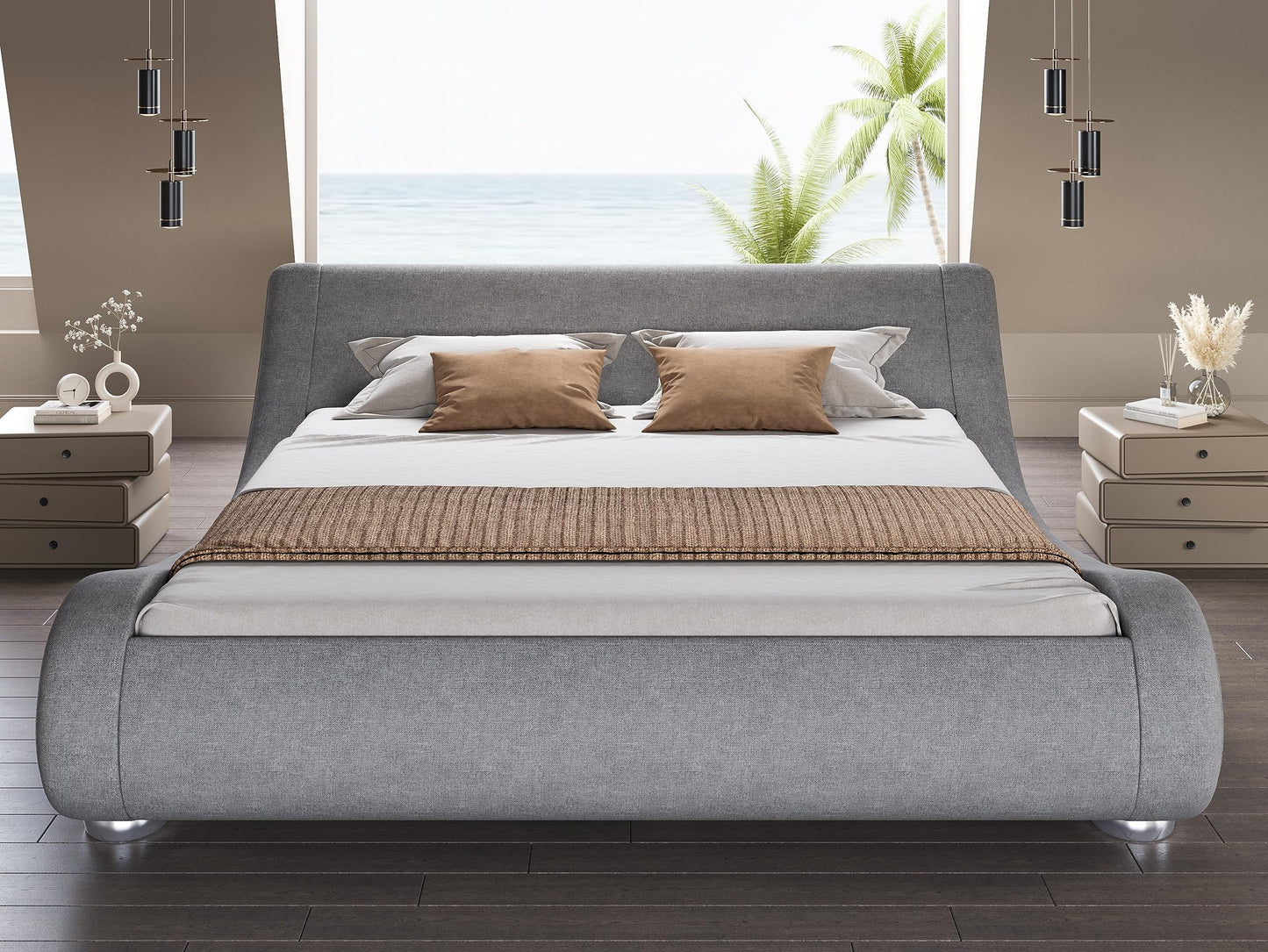 SHA CERLIN Queen Size Upholstered Bed Frame, Deluxe Low Profile Sleigh Bed with Linen Ergonomics Headboard, No Box Spring Needed & Easy Assembly, Grey