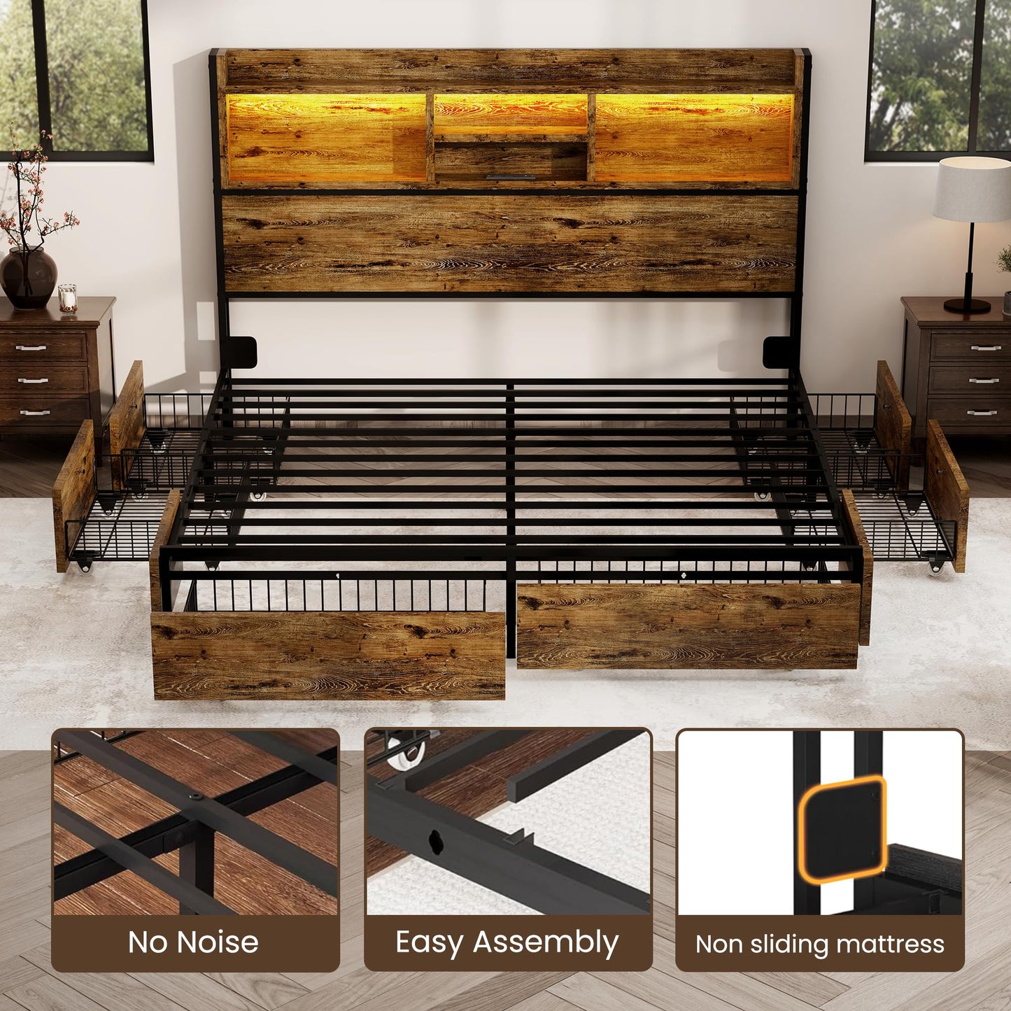 BRELTAM King Storage Bed Frame with 6 Drawers, USB Charging Station, No Noise, No Box Spring Required, Vintage Brown Headboard Platform Bed