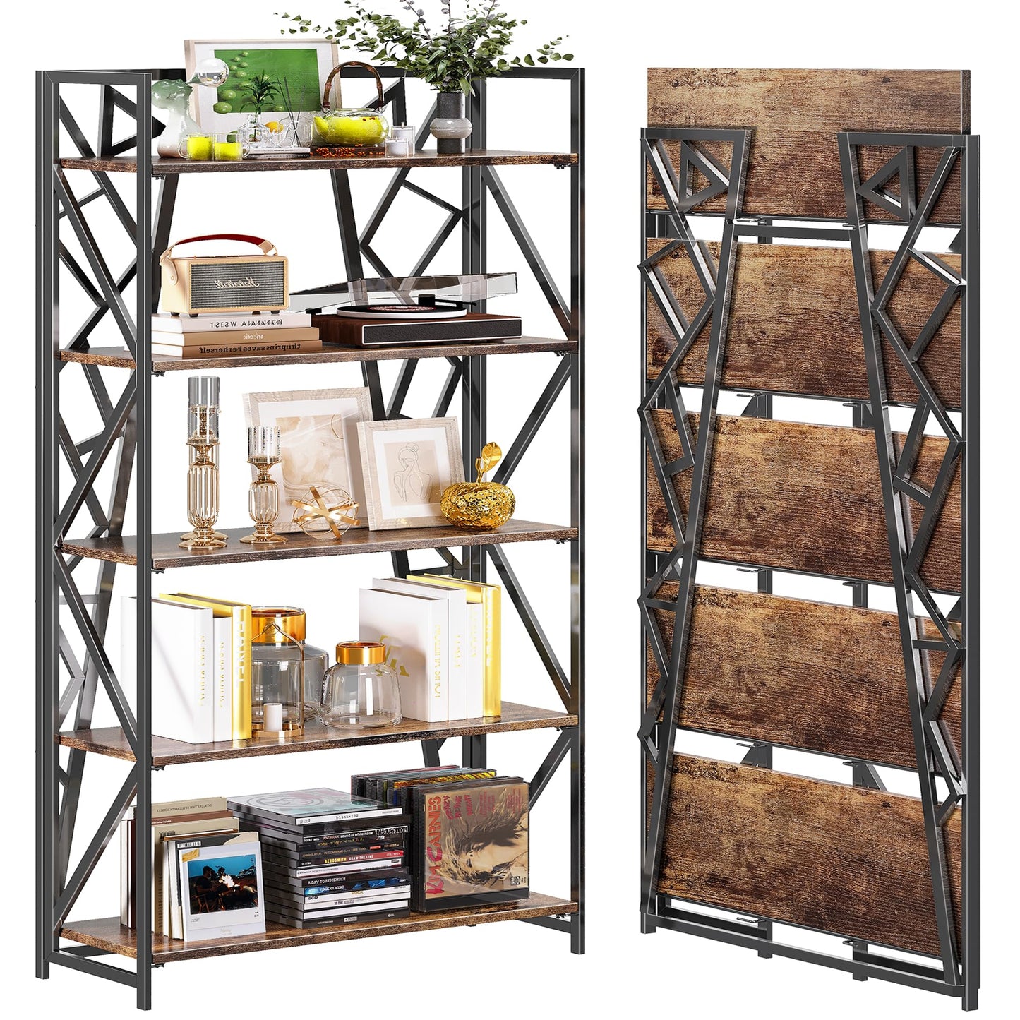 UDD No Assembly Wide Folding Bookshelf, 64.3" H x 30.9" W, 5 Tier Foldable Book Shelf Industrial Bookcase, Vintage Collapsible Storage Shelves for Home Office Living Room Bedroom, Rustic Brown Black