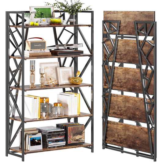 UDD No Assembly Wide Folding Bookshelf, 64.3" H x 30.9" W, 5 Tier Foldable Book Shelf Industrial Bookcase, Vintage Collapsible Storage Shelves for Home Office Living Room Bedroom, Rustic Brown Black