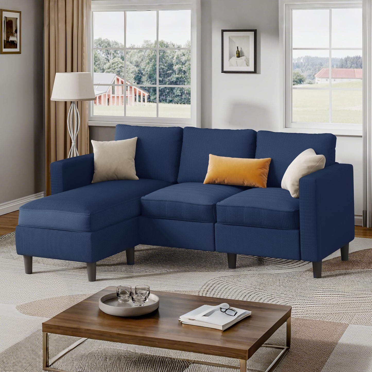 Shintenchi L Shaped Sectional Sofa Couch,Convertible Modular Sofas with Movable Ottoman,3-Seat Upholstered Corduroy Couch,Small Couches for Living Room,Apartment,Office(Blue)