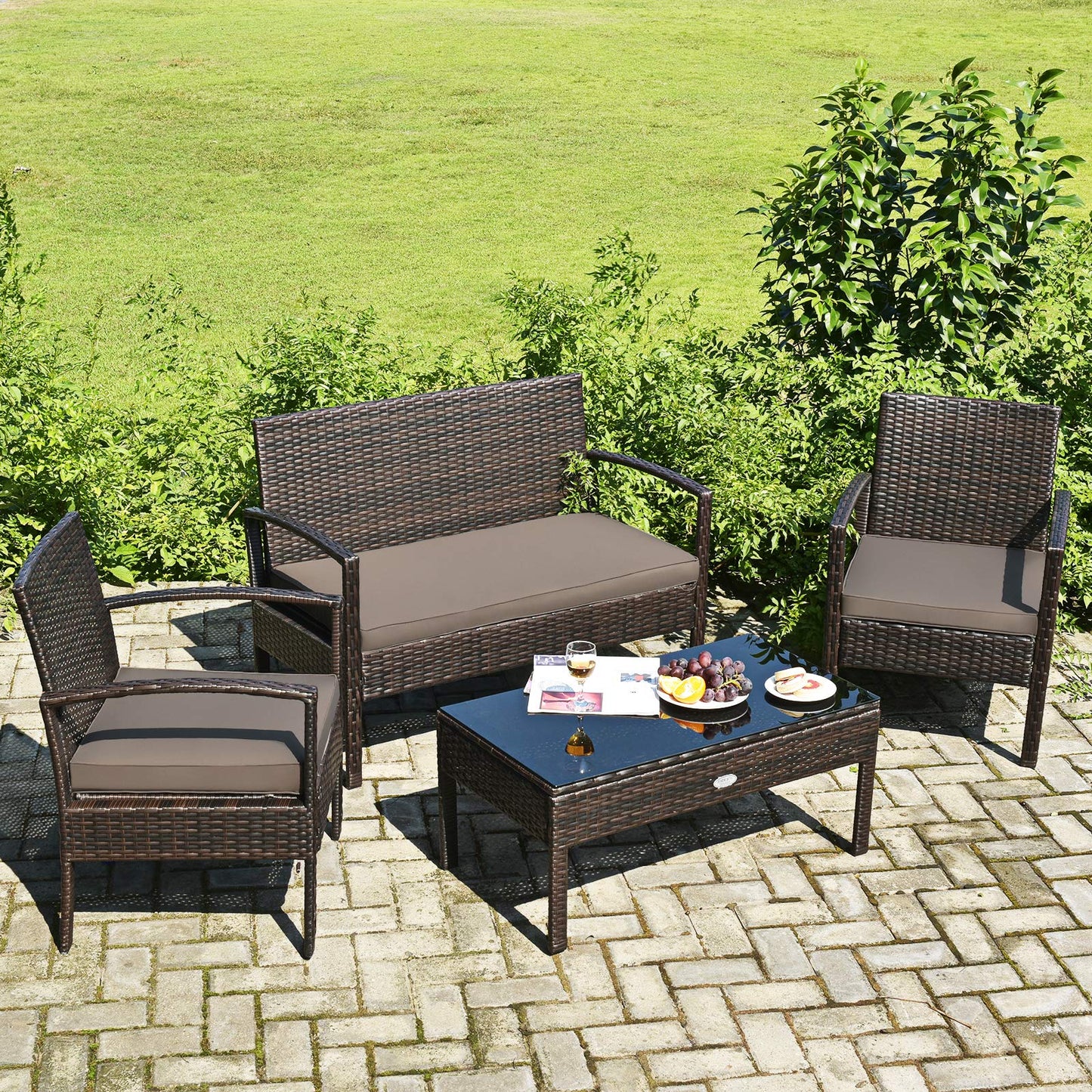 Tangkula 4-PCS Wicker Patio Conversation Furniture Set, Outdoor Rattan Chair and Table Set, Patio Furniture Sets with Coffee Table & Washable Cushions for Courtyard Balcony Garden (1, Brown)