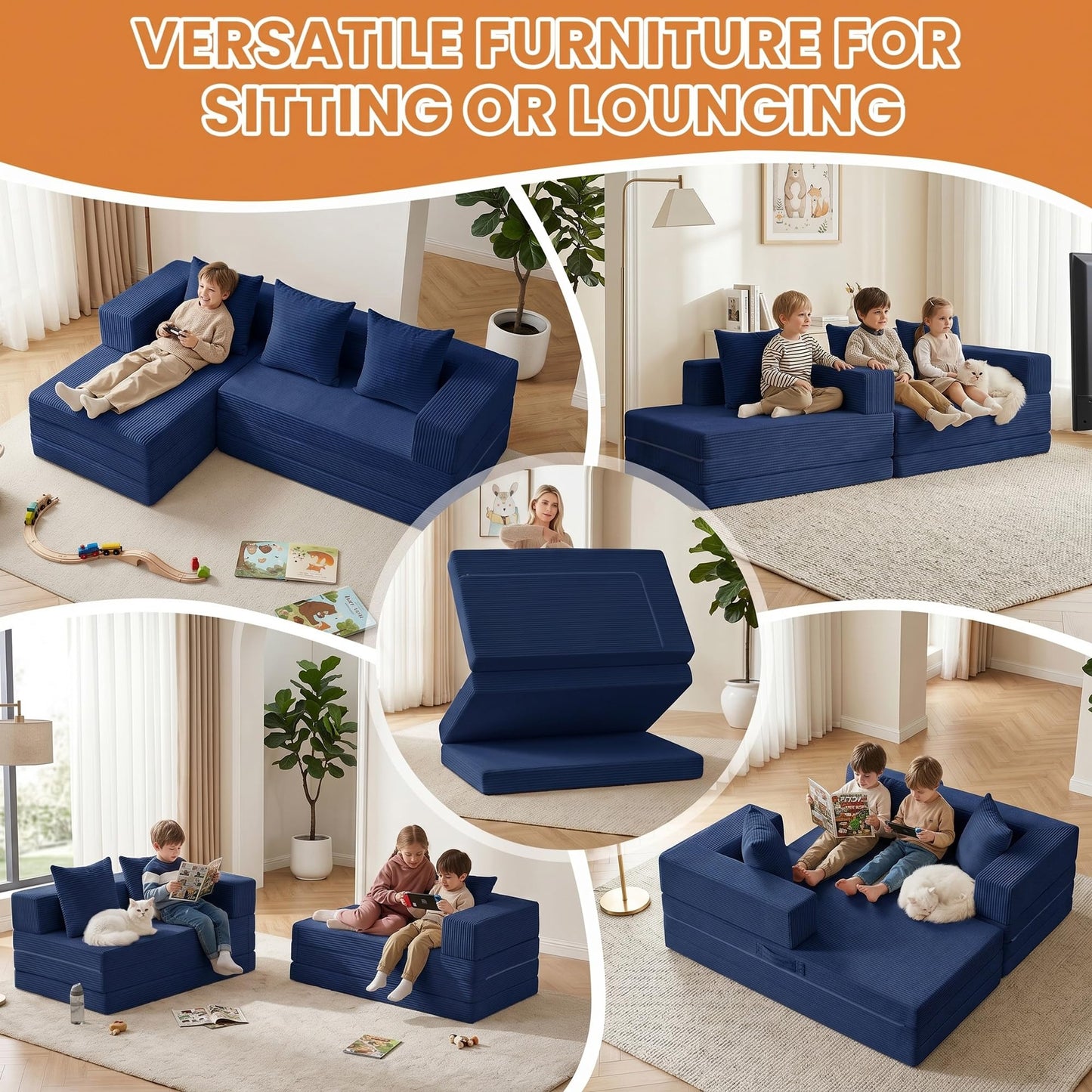 65" Modular Sectional Sofa, Boneless Convertible Sleeper Sofa Bed, Modern Tri-Folding Cloud Couch with L-Shape Chaise, Corduroy Futon Couches for Living Room Small Spaces Apartment,No Assembly,Blue