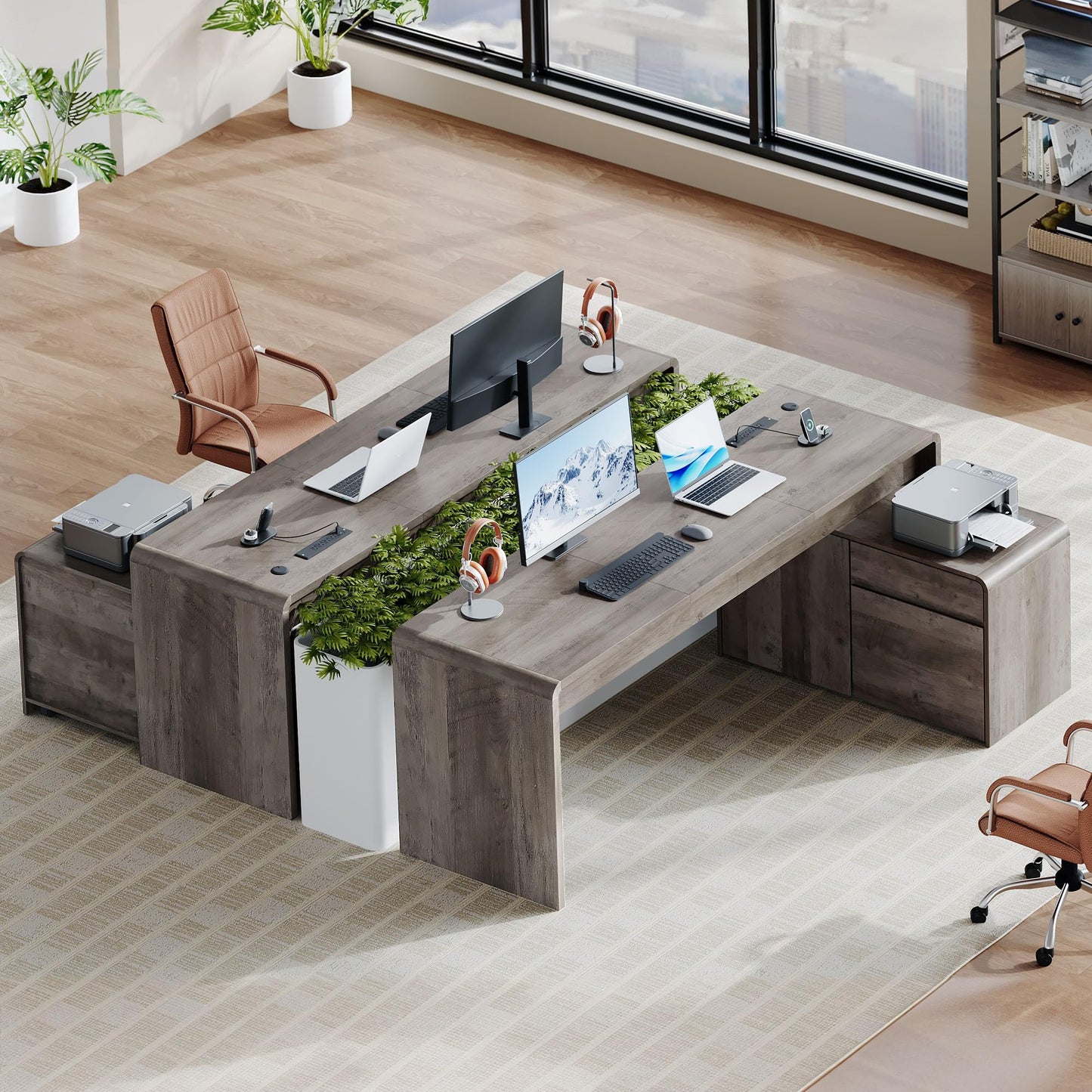 Homiflex Mid-Century Modern 78" L-Shaped Executive Desk with Independent Mobile File Cabinet, Large Home Office Desk with Drawers and 4 AC + 2 USB Power Outlets, Waterfall Edge Design, Grey Oak