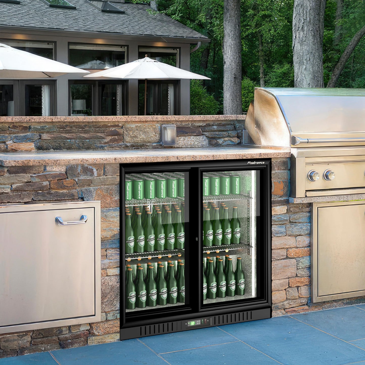 Frostronics 36 Inch 228 Cans Double Door Back Bar Beverage Cooler, 6.5 cu. ft. Under Counter Glass Bar Fridge With Sliding Door, Lockable, 32-50F Display Refrigerator, ETL & NSF7 Certified