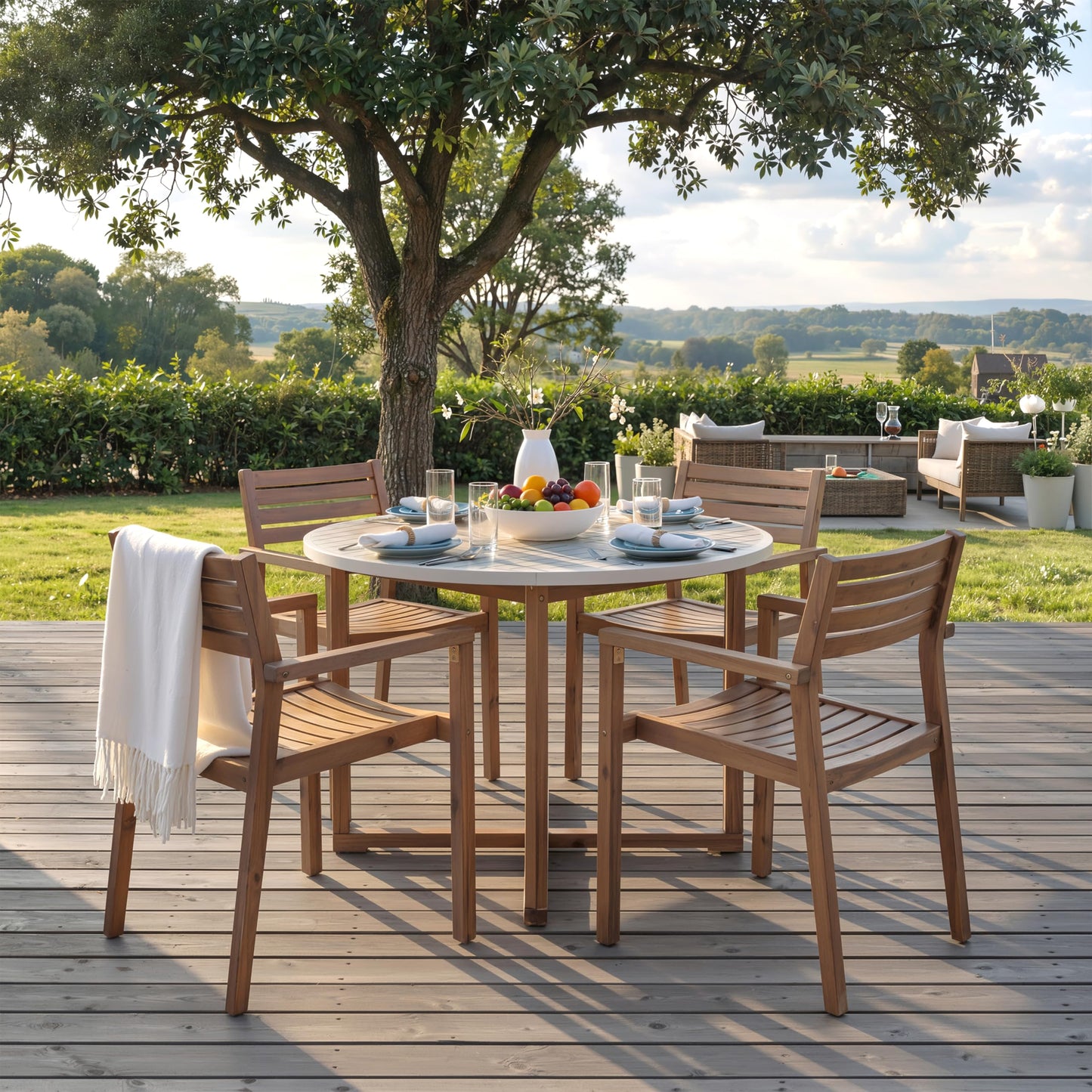 Merax 5-Piece Outdoor Dining Set for 4 People, Weather-Resistant Sturdy Acacia Wood Furniture Sets, 47.2" Round Dining Table, for Patios Garden Poolside Lawn, Light Gray Tabletop+Light Brown Chair