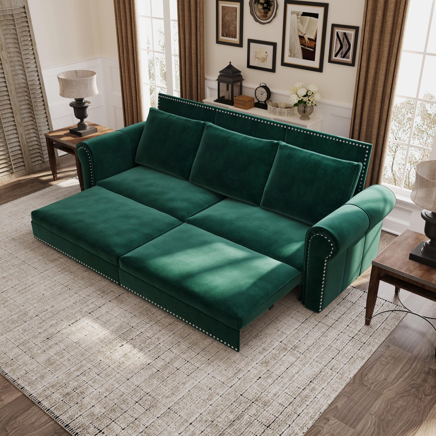 Ball & Cast 3-in-1 Convertible Sofa Bed,93.7" Velvet Pull Out Couch Bed King Size, Loveseat Sleeper Sofa with Nailhead Trim & Rolled Arm,Multi-Functional Sofa Couches for Living Room,Green