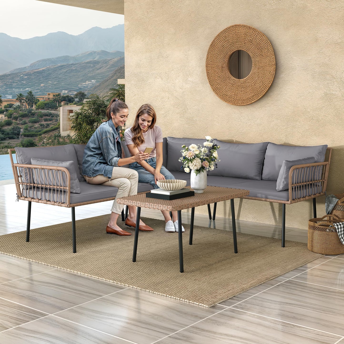 YITAHOME 4-Piece Wicker Patio Furniture Set, All Weather PE Rattan Conversation Set Sectional Sofa with Soft Cushions & Side Table, Porch Furniture for Deck, Balcony, Backyard - Grey